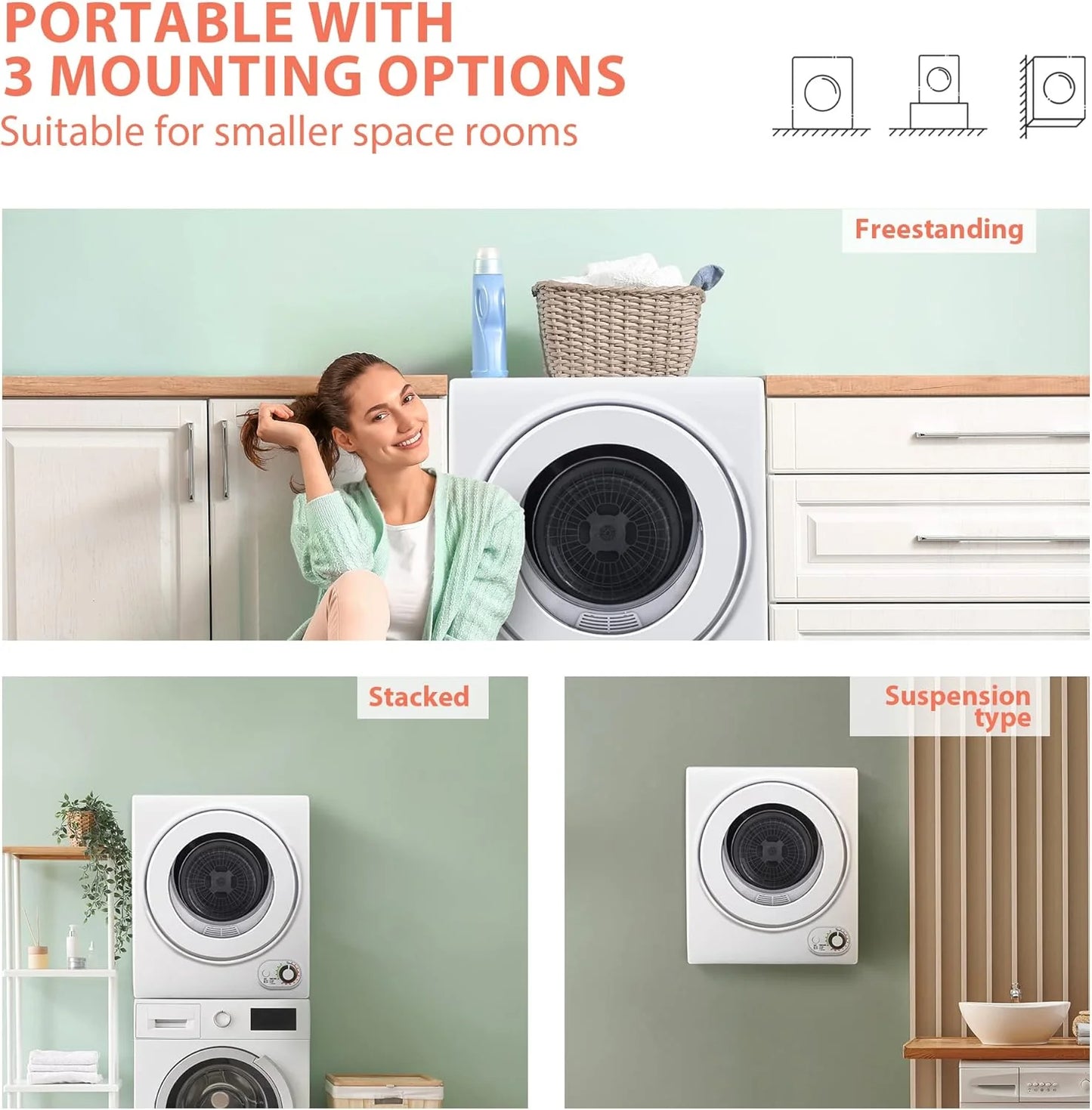 Compact Laundry Dryer, 3.5 cu ft Front Load Stainless Steel Clothes Dryers With Exhaust Pipe, 1500W, LCD Control Panel Four-Function Portable Dryer For Apartments, Home, Dorm, White