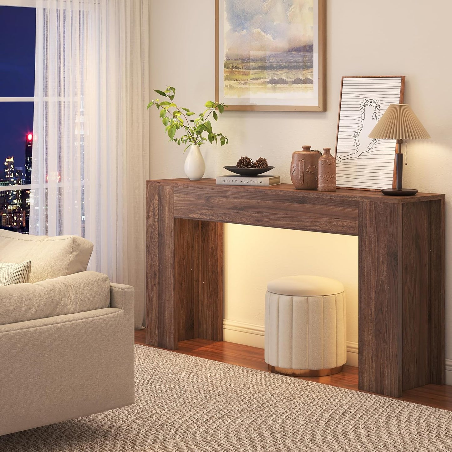 63-Inch Long Console Table with LED Light Farmhouse Sofa Table Behind Couch