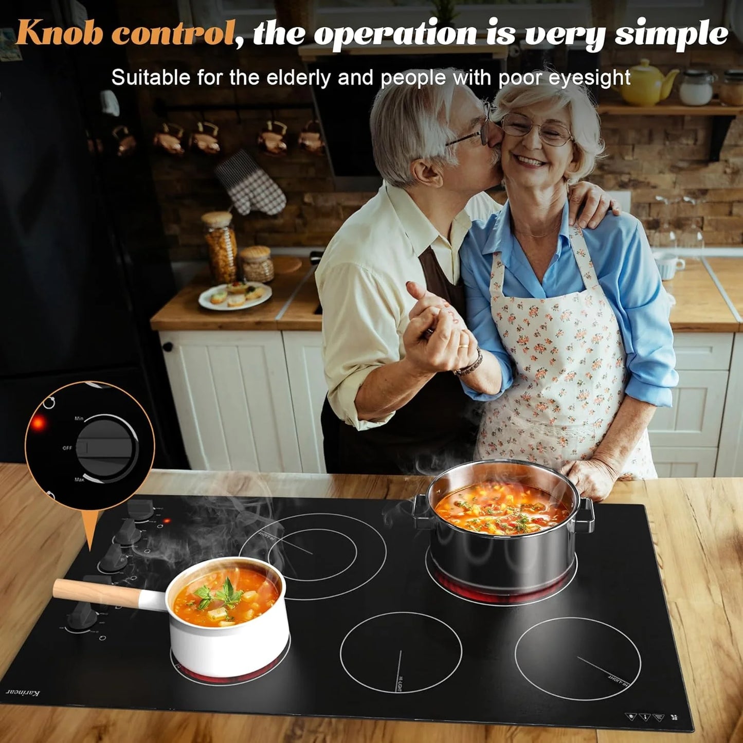 Karinear 30 Inch Electric Cooktop 4 Burners, Knob Control Built-in Ceramic Cooktop, 30" Radiant Electric Stove Top with Glass Protection Metal Frame,Hot Surface Indicator, 220-240v, Hard Wire, No Plug