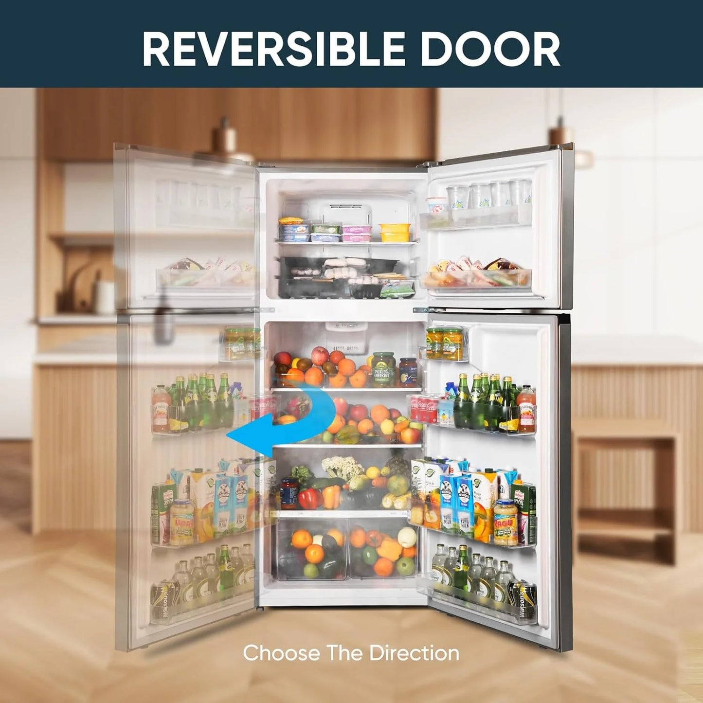 Upstreman 7.7 Cu.Ft. Refrigerator with Freezer, Double Door, Adjustable Thermostat, Large Capacity, Reversible Door Swing, Refrigerator for Apartment, Office, Dorm, Stainless (BD75)