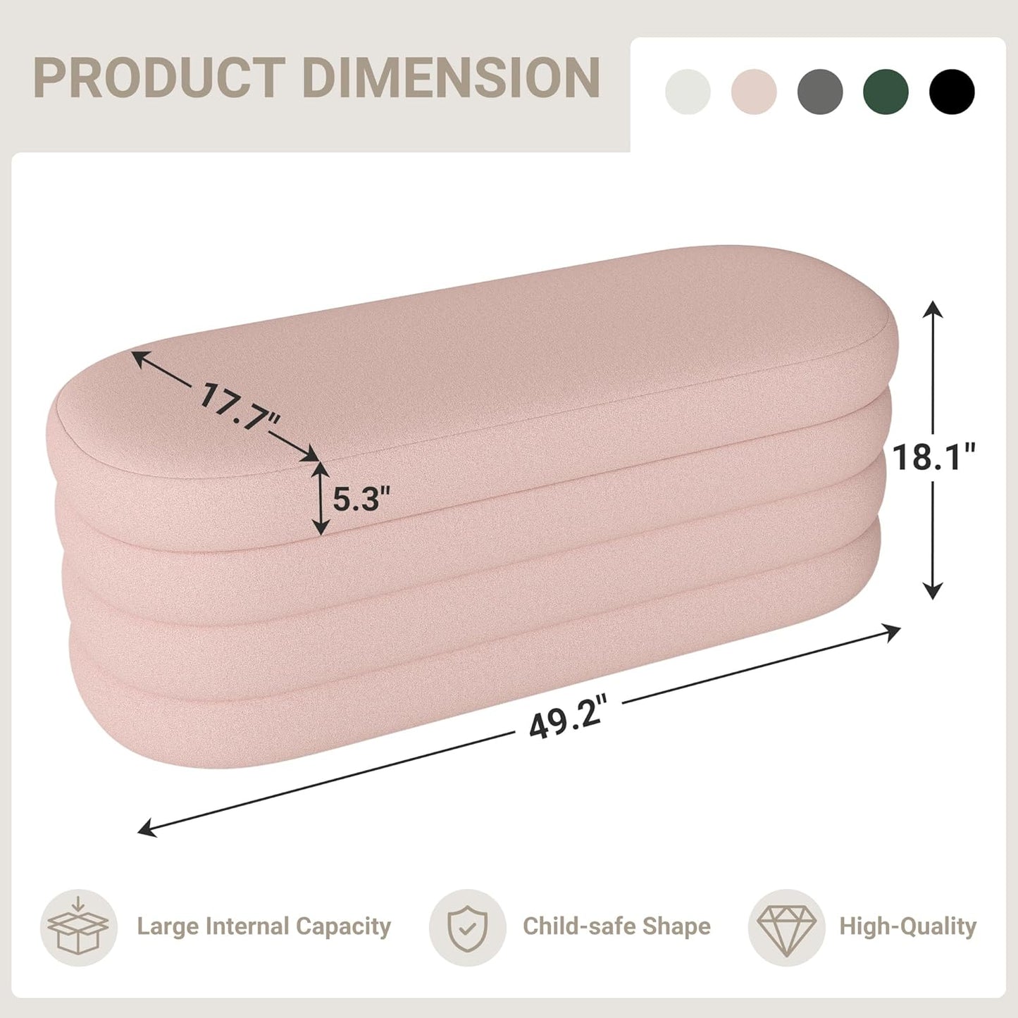 Storage Ottoman Bench 49.2 Inch Upholstered Fabric Storage Bench