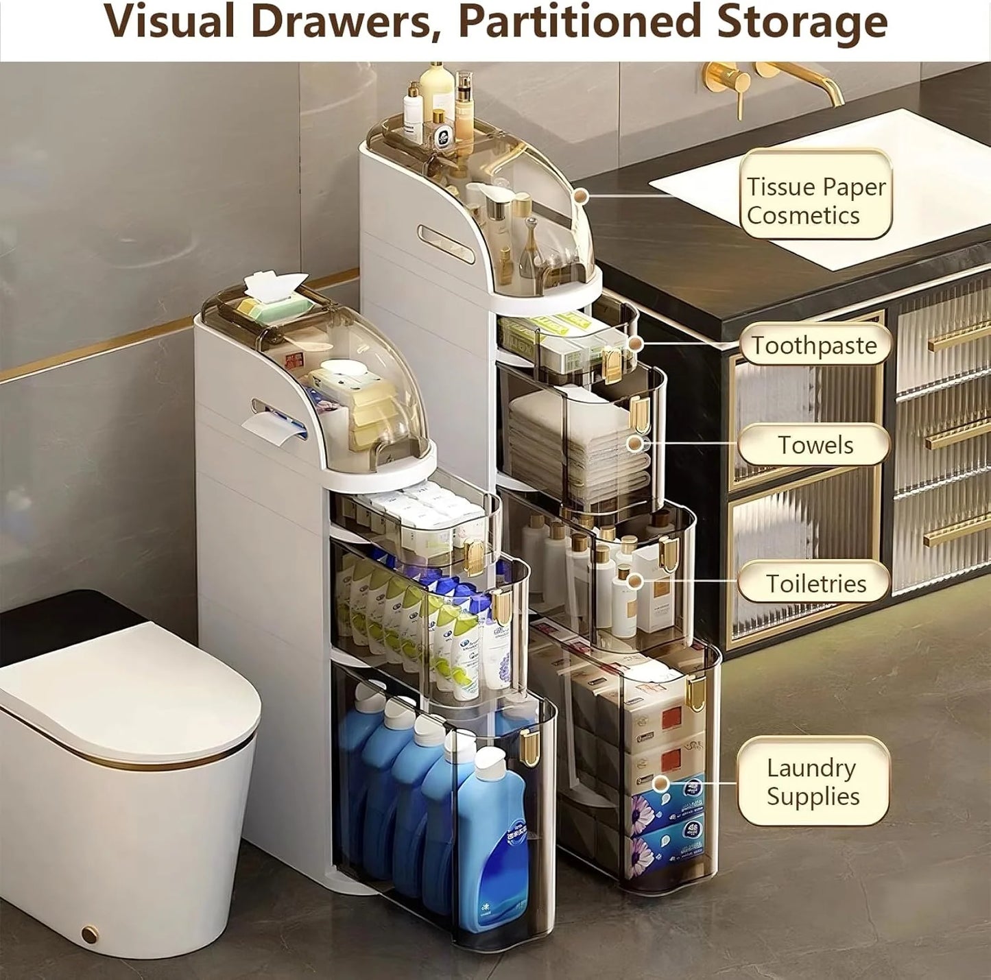 4-Tiers Narrow Bathroom Storage Cabinet 7.1″ Slim Bathroom Floor Organizer with Drawers and Tissue Box Plastic Waterproof Mobile Locker