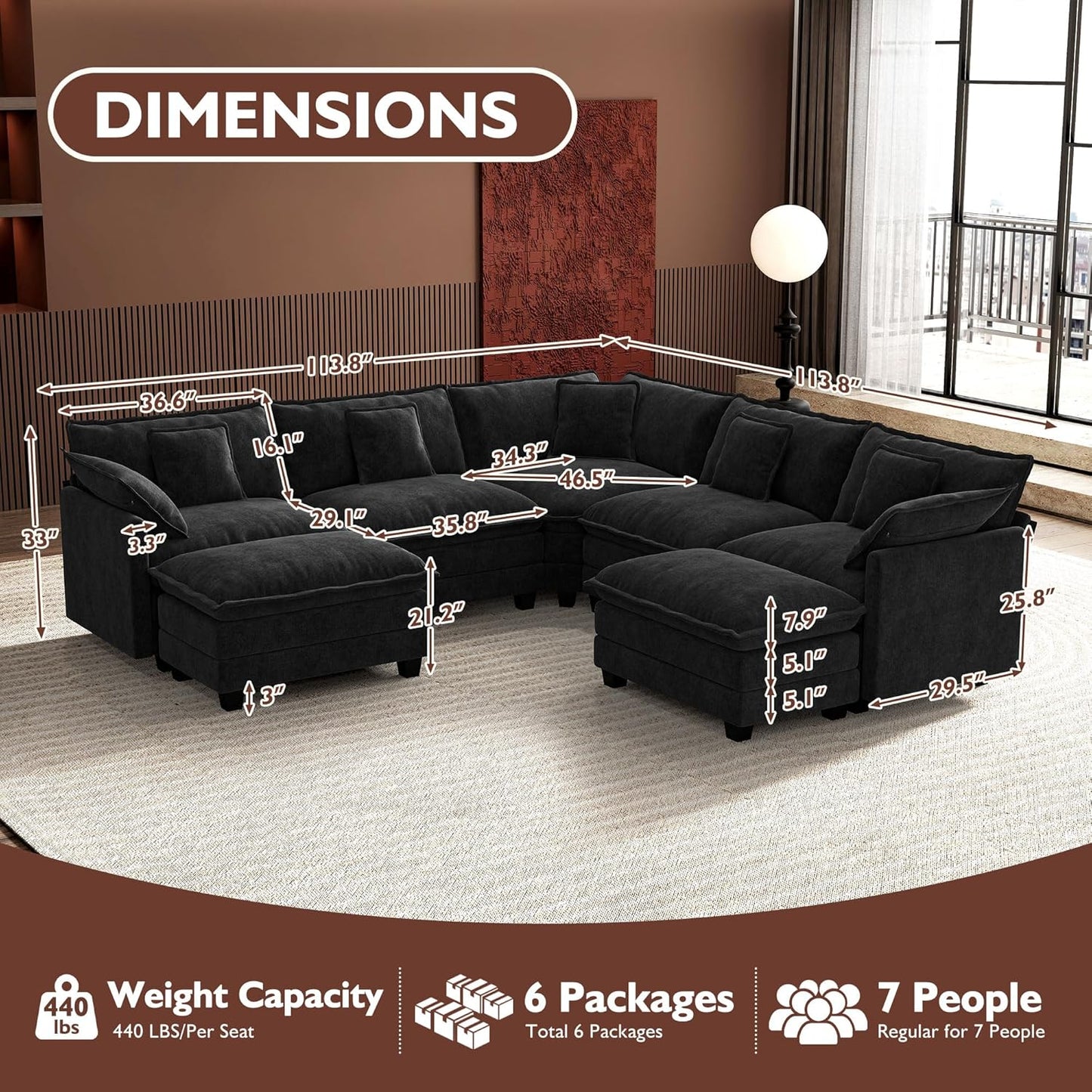 ihanherry 146-inch U-shaped modern sofa modular area cloud sofa