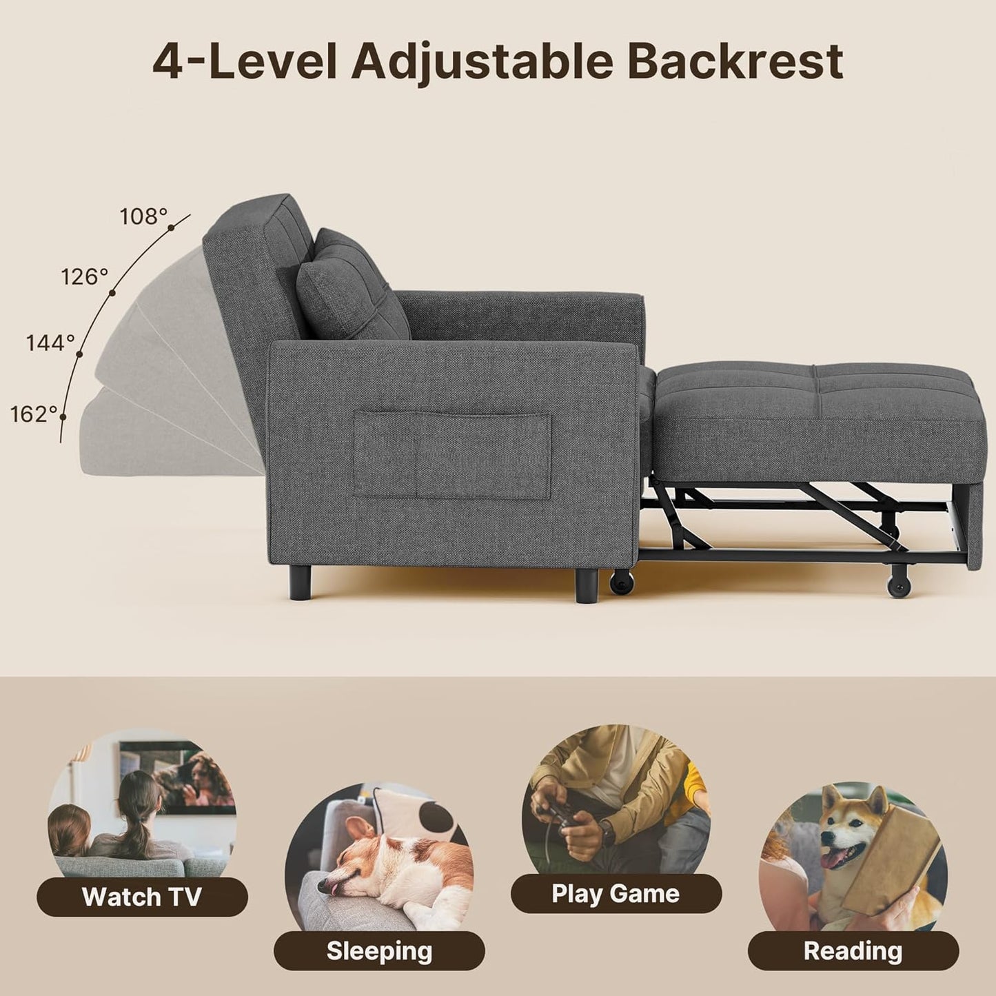 Sofa Bed Chair 3 in 1 Convertible, Pullout Single Sleeper Chair Bed with Adjustable Backrest, Spacious Multifunctional Sofa Couches
