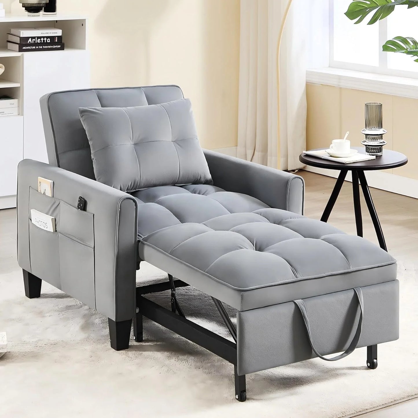 Convertible Sleeper Chair, 3 in 1 Sleeper Chair Bed Pull Out Sofa Bed Chairs, Velvet Single Sofa with Adjustable Backrest