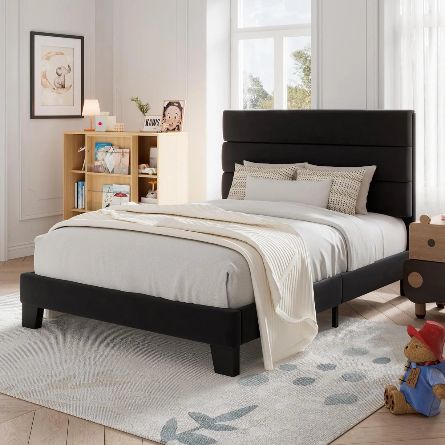 Allewie King size platform bed frame with velvet upholstered headboard and planks