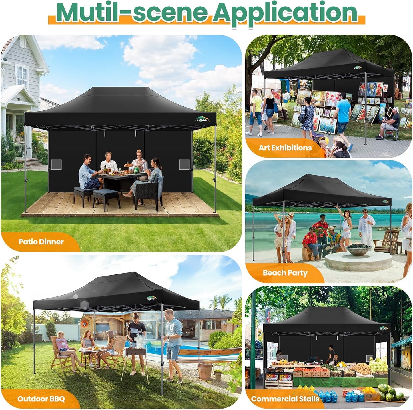 COBIZI 10x20 Heavy Duty Pop up Canopy Tent with 6 sidewalls Easy Up Commercial Outdoor Canopy Wedding Party Tents for Parties All Season Wind & Waterproof Gazebo with Roller Bag,Black(Frame Thickened)