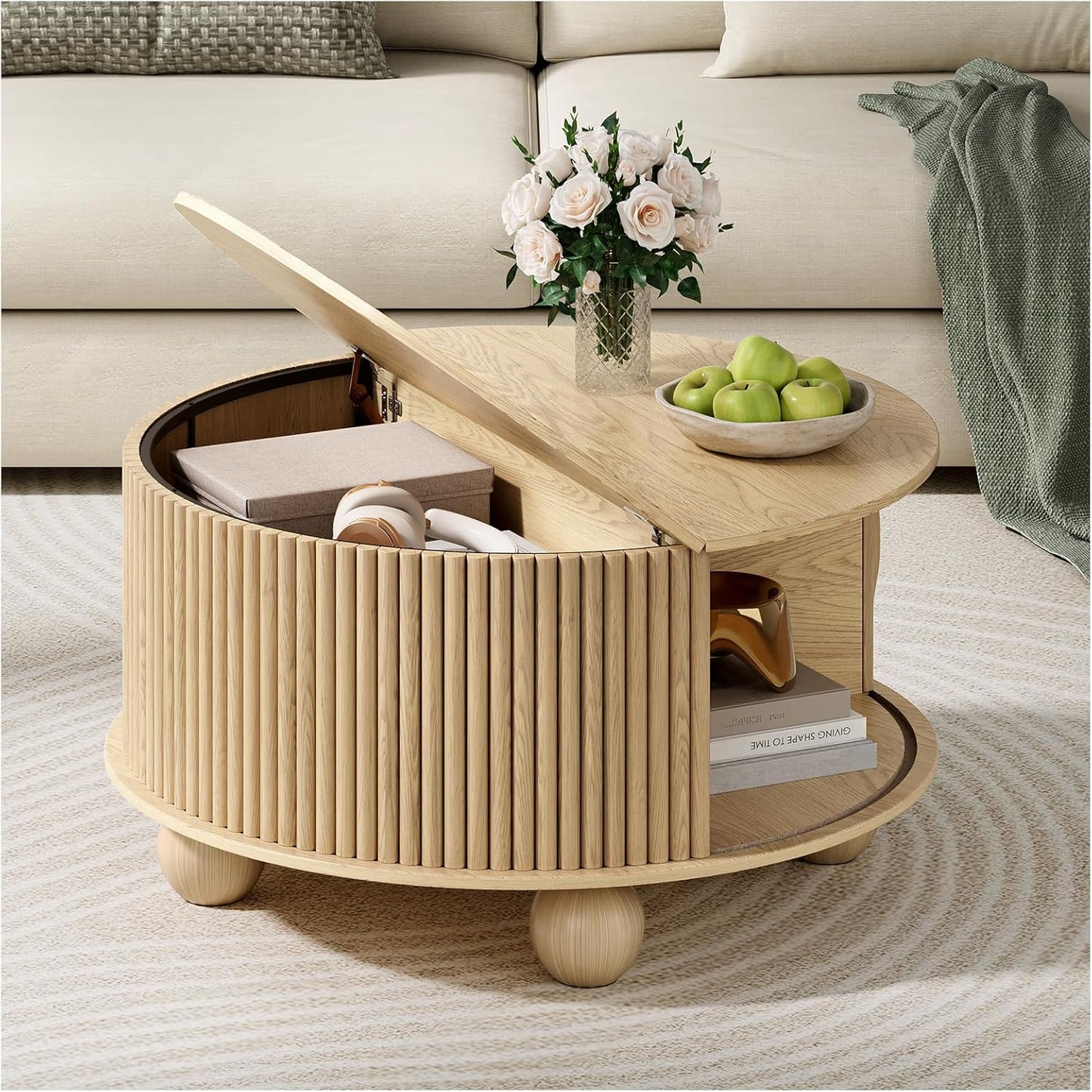 Round Coffee Table with Storage,Fluted Center Table with Sliding Cabinet Door for Living Room,Home Small Space,31.5" Small Center Table,Walnut