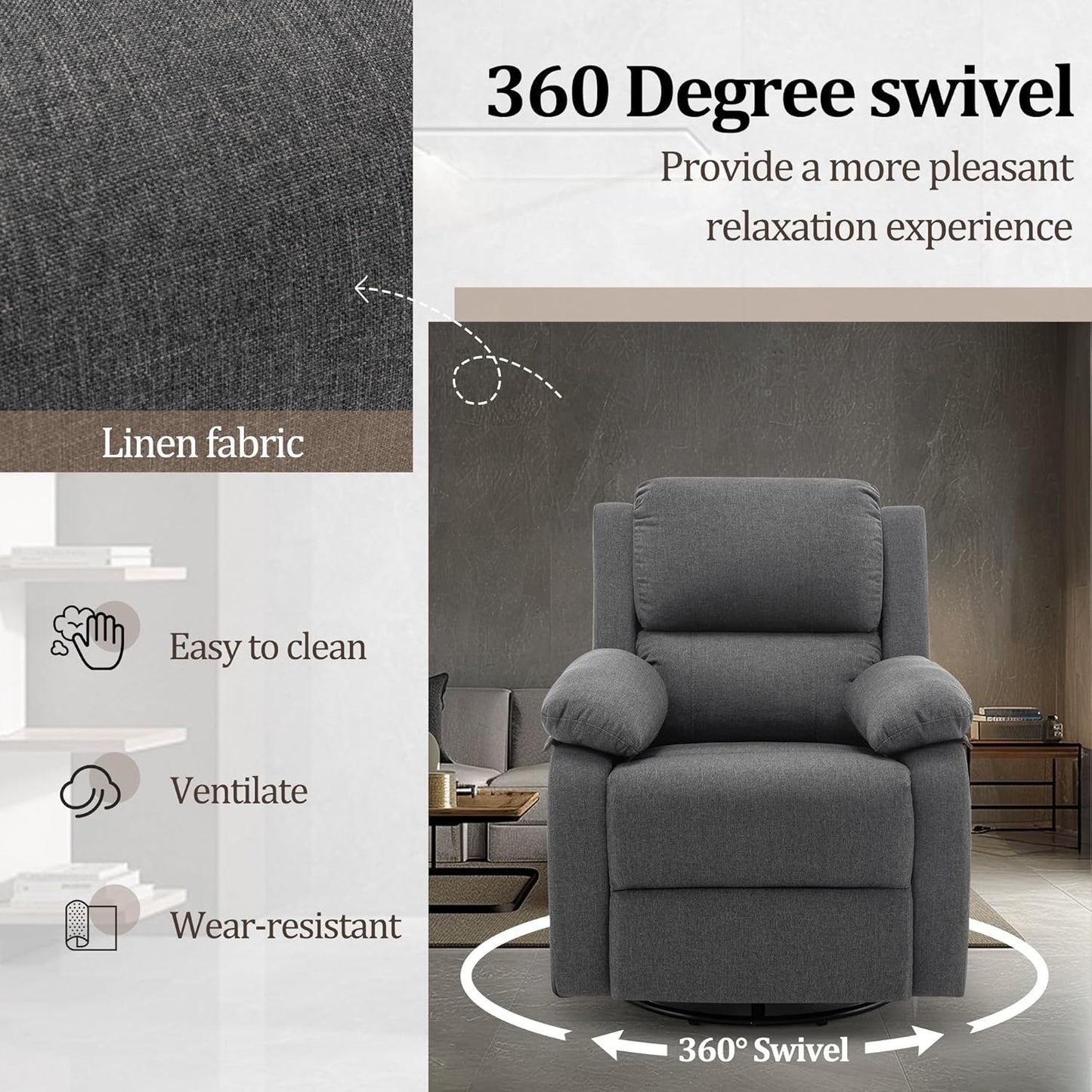 Reclining rocking chair 360 degree rotating fabric sliding reclining chair