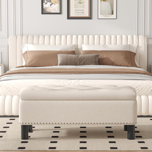 Furniliving Modern Storage Ottoman Bench, Sherpa Ottoman End of Bed Bench with Solid Wood Legs Upholstered Ottoman Benches with Storage Indoor Bench