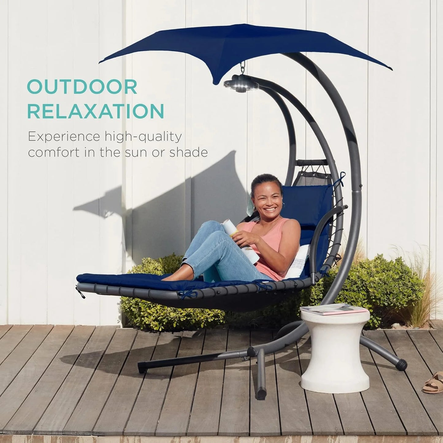 Best Choice Products Outdoor Hanging Curved Steel Chaise Lounge Chair Swing w/Built-in Pillow and Removable Canopy - Teal