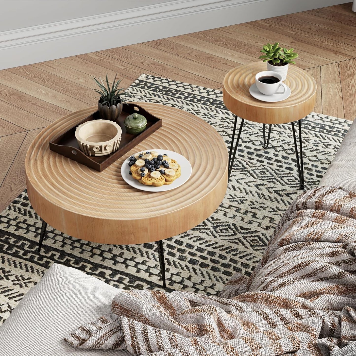 Two-Piece Modern Farmhouse Living Room Coffee Table Set, Round Nesting Tables
