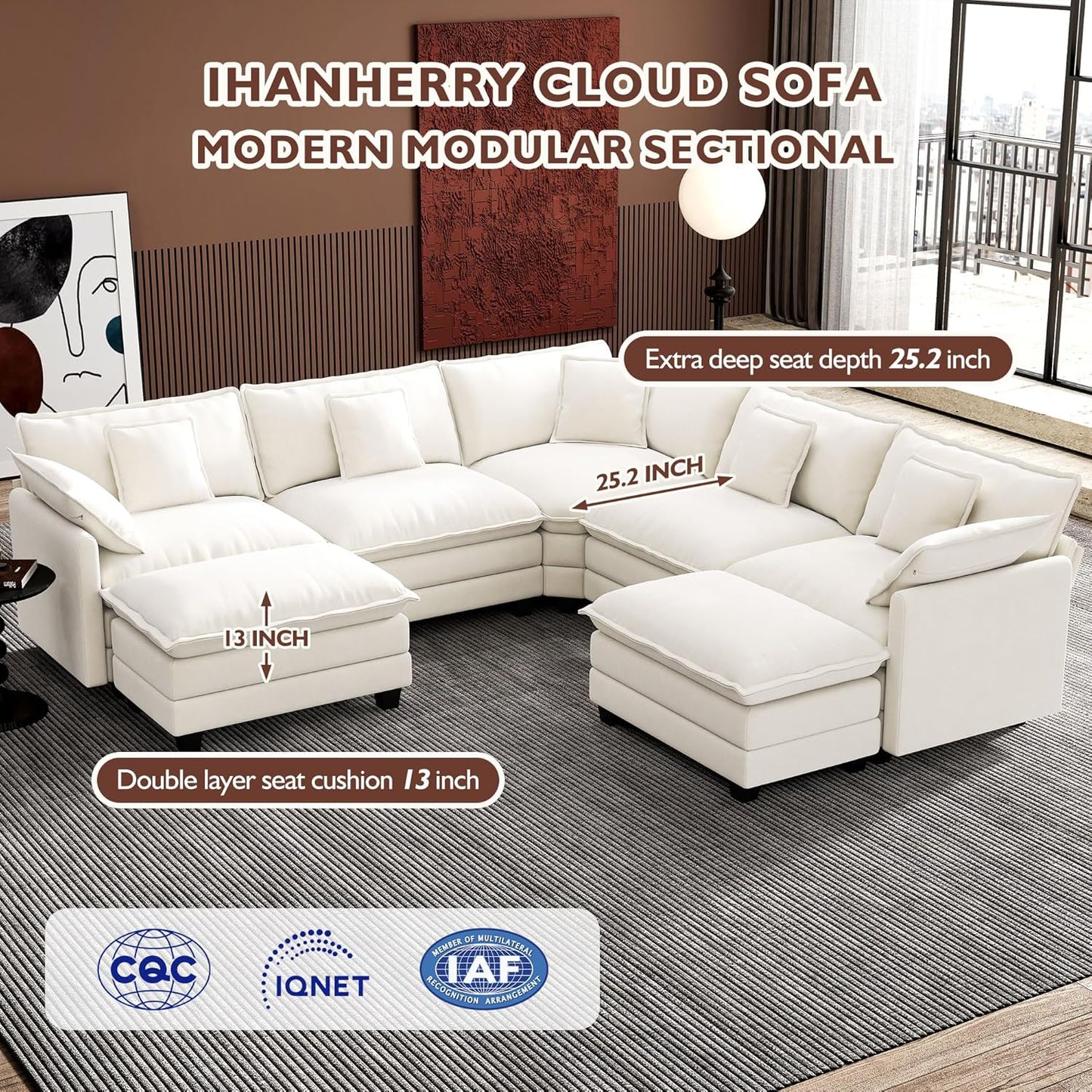 ihanherry 146-inch U-shaped modern sofa modular area cloud sofa
