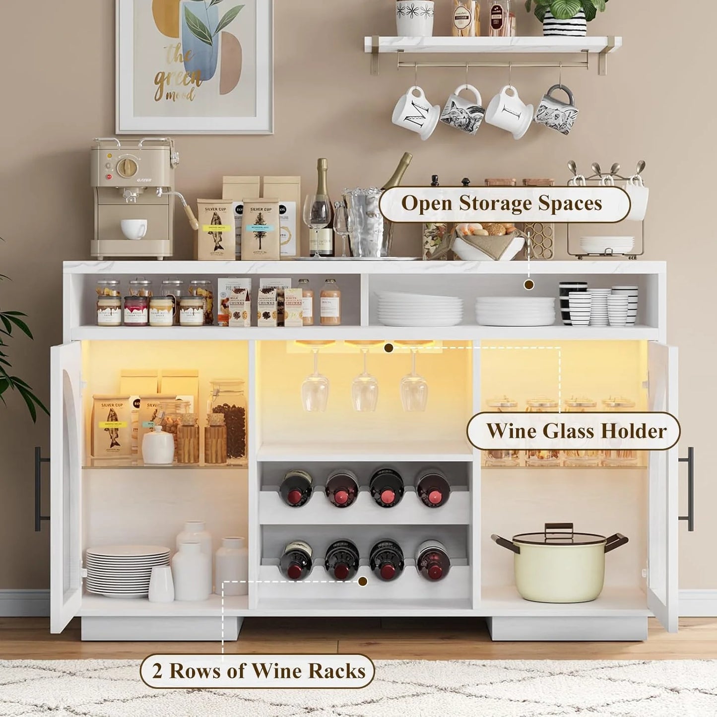 Sideboard, 54-inch kitchen cabinet with LED lights and arched glass doors, tall bar cabinet