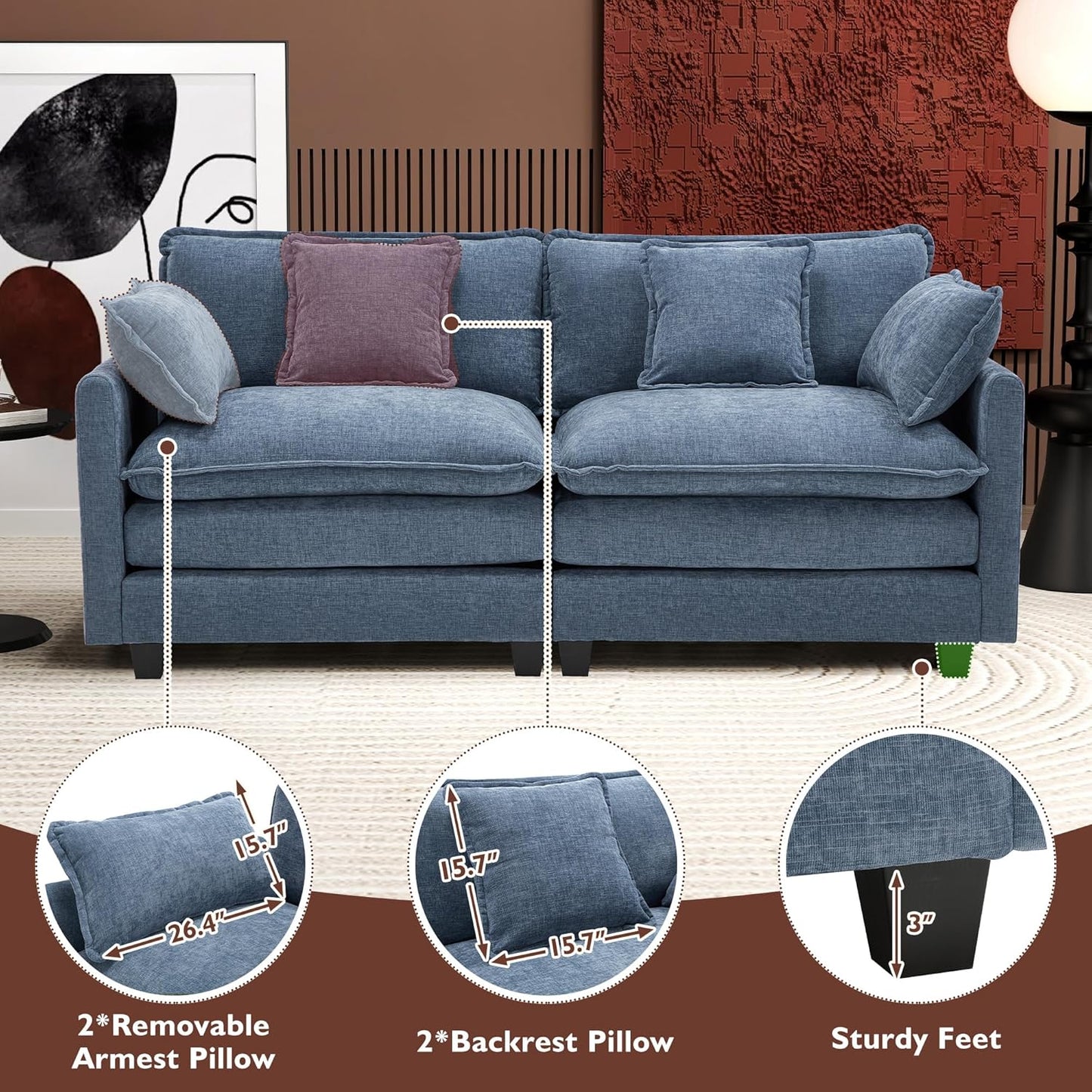 111.4 Inch L-Shaped Modern Sofa Modular Cloud Sofa with Ottoman, 4-Seater Chenille Deep Seat Sofa with Pillows for Living Room, Bedroom and Apartment, Beige