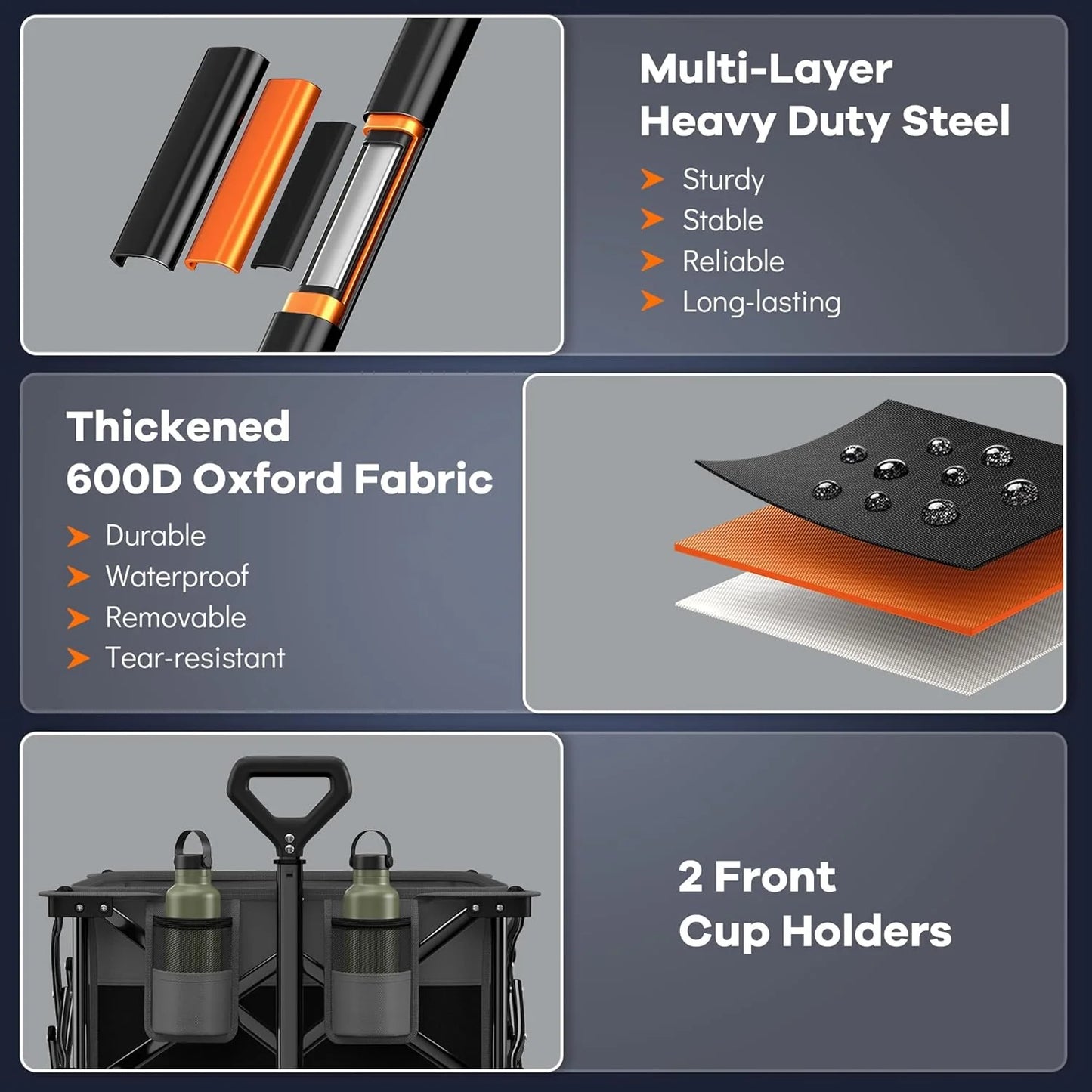 38" long foldable four-wheel stroller, foldable, 460 lb capacity, 220 liter heavy-duty folding beach stroller with large all-terrain tires