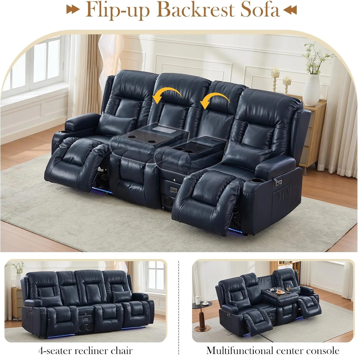 TUNYI Power Loveseat Recliner Sofa with Massage & Heat Home Theater Seating with Console Electric Recliner RV Sofa with USB/Outlet/Storage/Side Pocket/LED Light/Speaker (Brown, Loveseat)