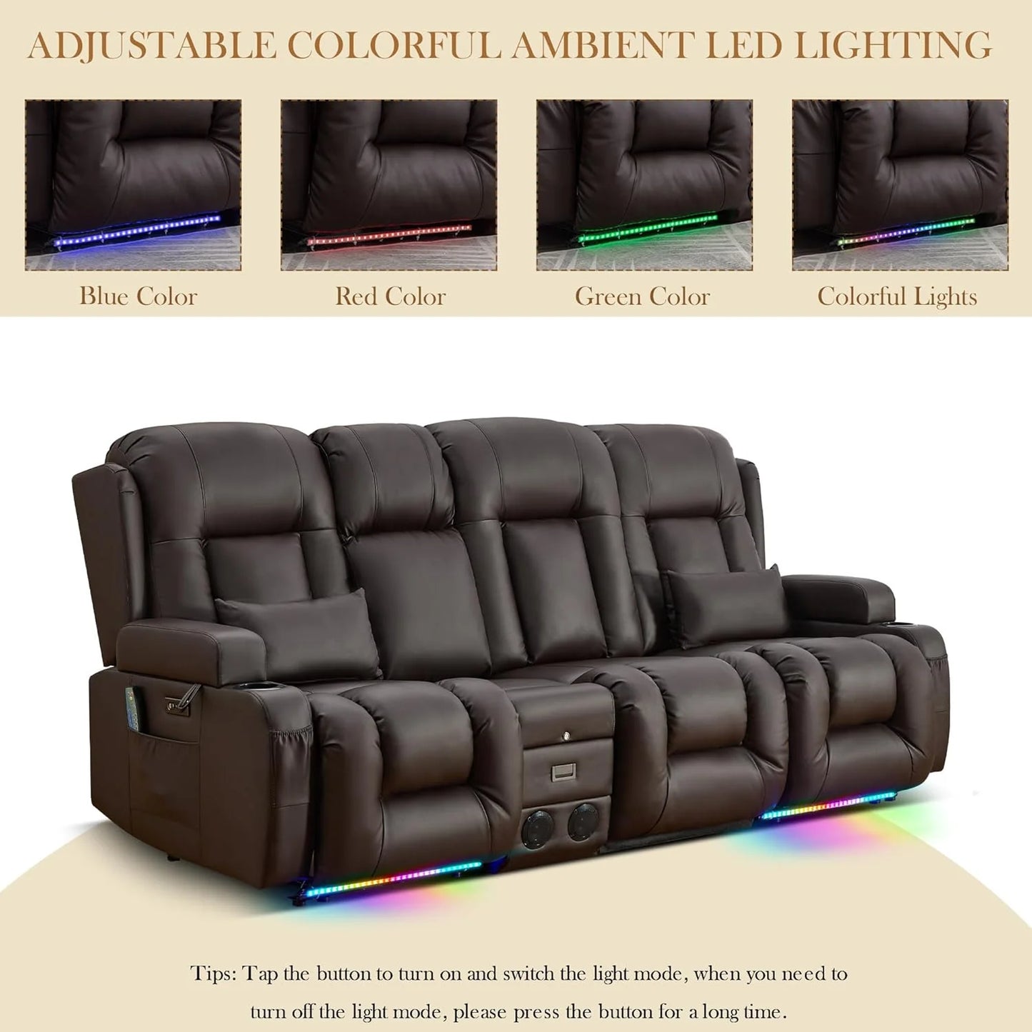 TUNYI Power Loveseat Recliner Sofa with Massage & Heat Home Theater Seating with Console Electric Recliner RV Sofa with USB/Outlet/Storage/Side Pocket/LED Light/Speaker (Brown, Loveseat)