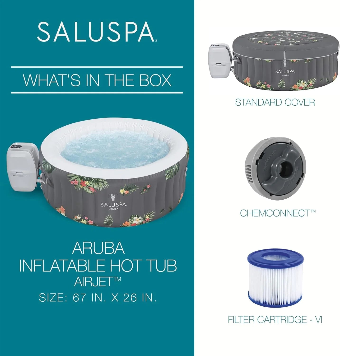 SaluSpa Aruba AirJet Large Round 2 to 3 Person Inflatable Hot Tub Portable Outdoor Spa with 110 AirJets and EnergySense Cover, Grey