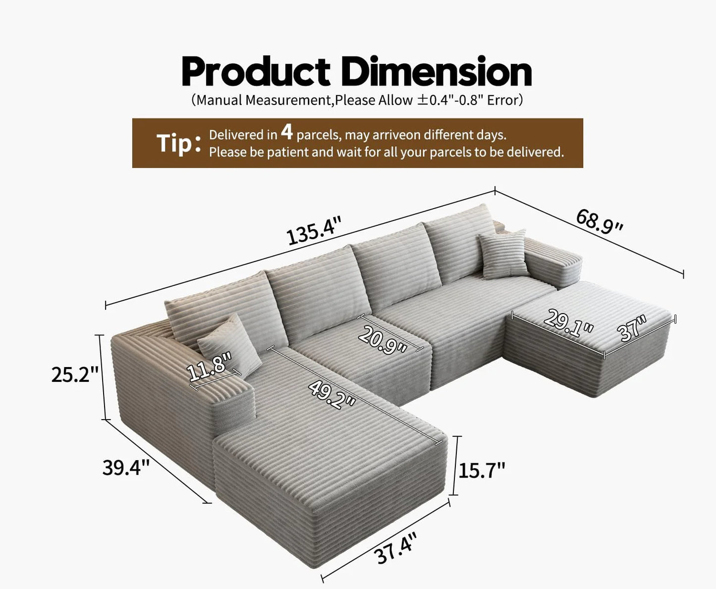 107.5" Cloud Modular Sectional Sofa Couch with L-Shape Chaise,Modern Minimalist Upholstered Couches