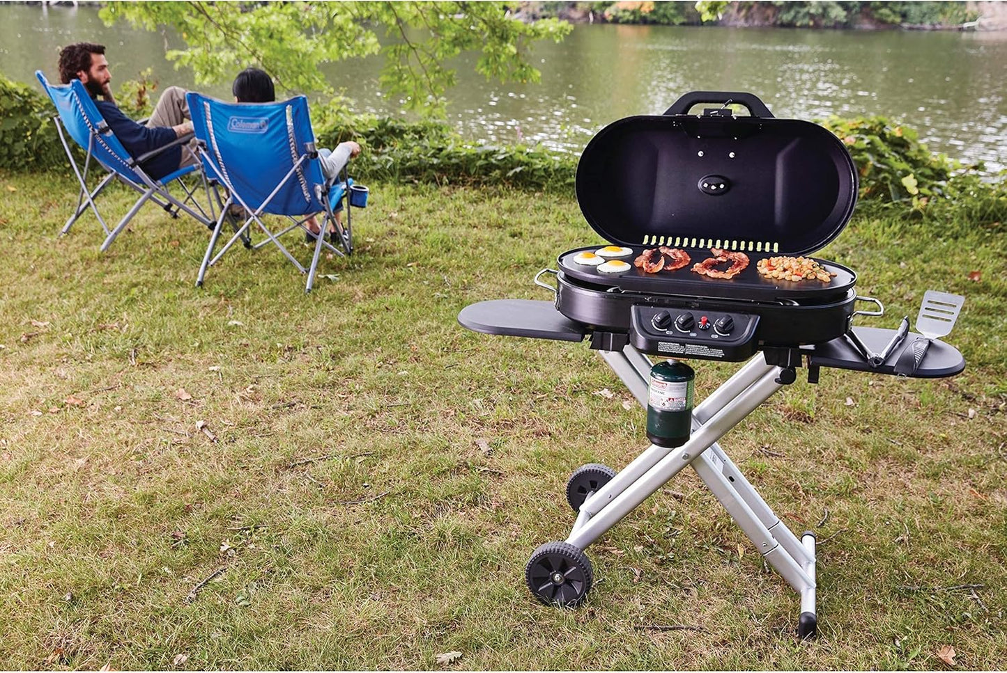 RoadTrip 285 Portable Stand-Up Propane Grill with 3 Adjustable Burners & Instastart Ignition, 20,000 BTUs of Power for Outdoor Cooking, Camping, Tailgating, Grilling, BBQs, & More