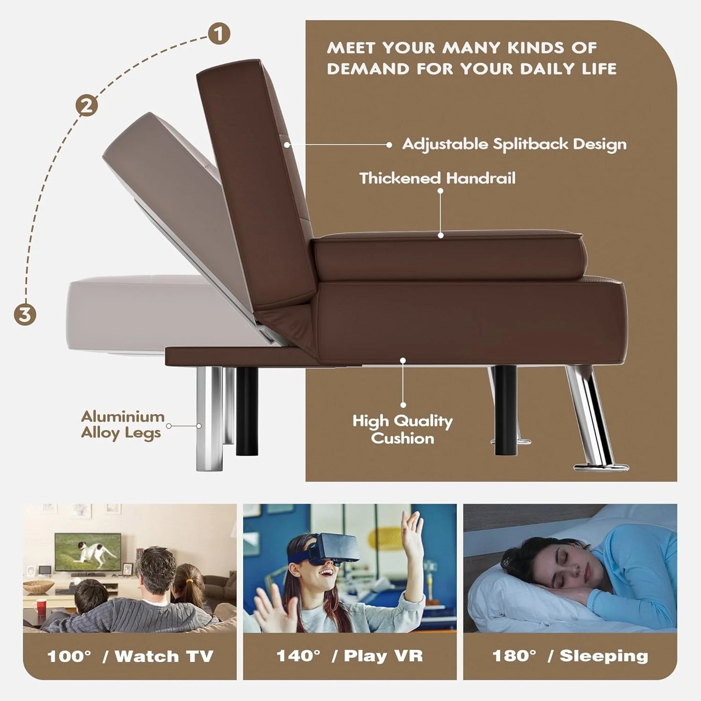 Homall Futon Sofa Bed, Leather Futon Couch with Removable Armrests, Adjustable Recliner Sleeper Sofa Bed with Dual Cup Holders for Living Room, Apartment