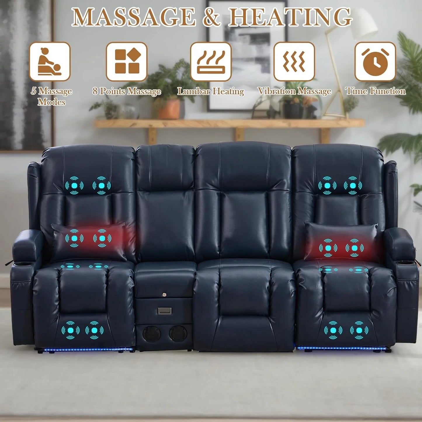 TUNYI Power Loveseat Recliner Sofa with Massage & Heat Home Theater Seating with Console Electric Recliner RV Sofa with USB/Outlet/Storage/Side Pocket/LED Light/Speaker (Brown, Loveseat)