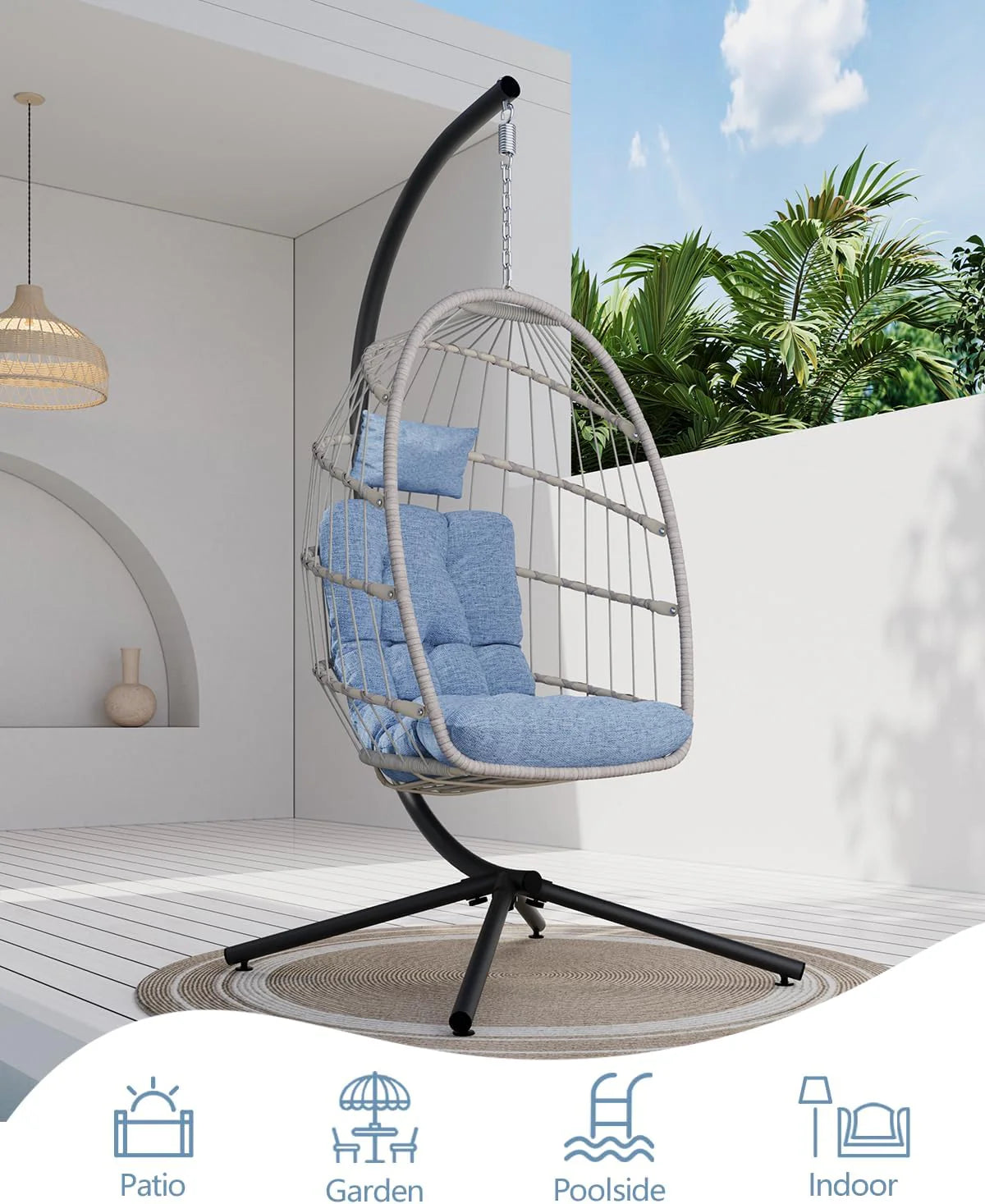 SWITTE Egg Chair Outdoor with Stand, Indoor Wicker Hanging Egg Swing Chair with Cushion, 350lbs Capacity for Patio, Bedroom