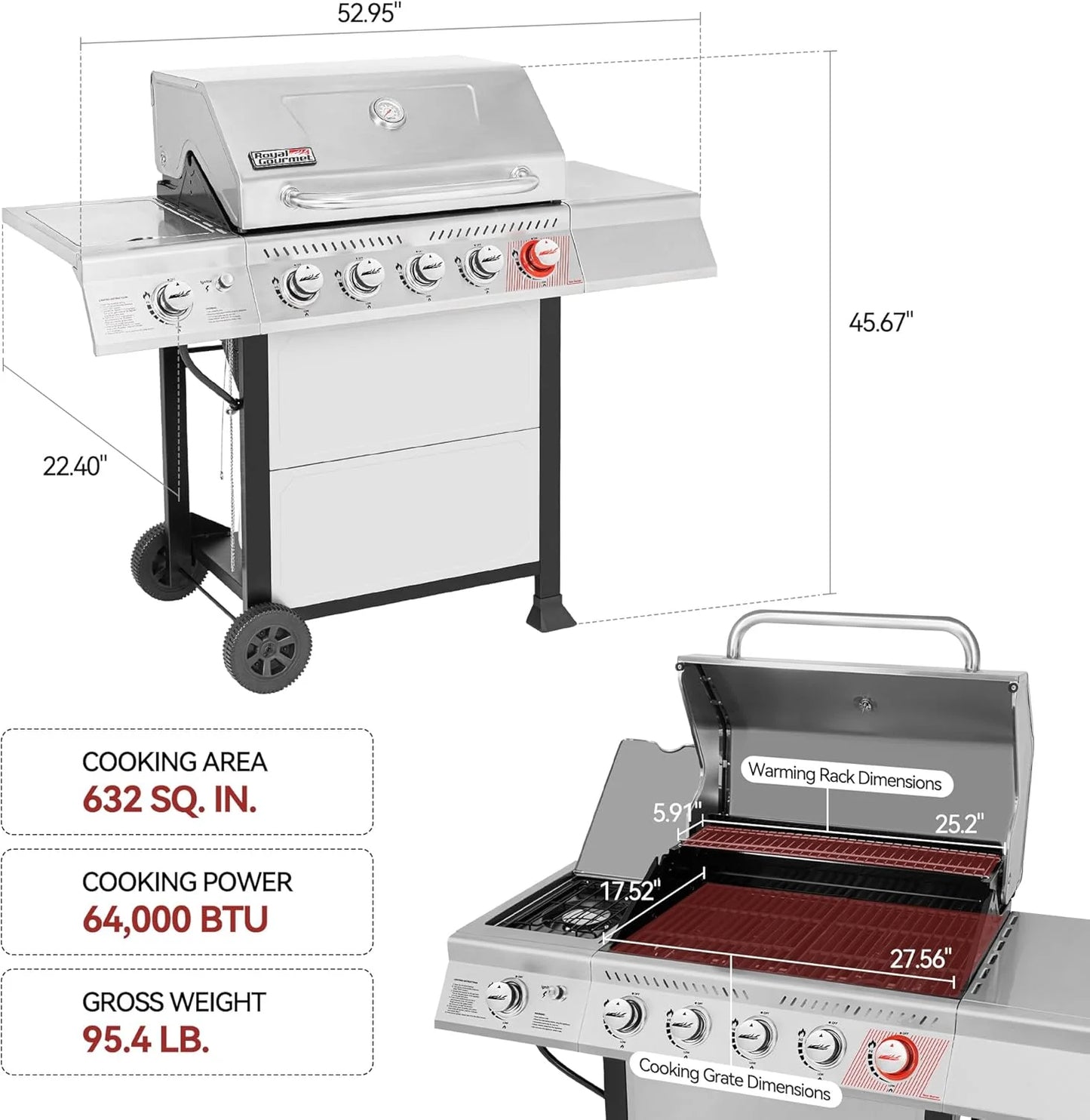 Royal Gourmet GA5401T 5-Burner Propane Gas Grill with Sear Burner and Side Burner, Stainless Steel BBQ Grill with 632 Sq. In. Grilling Area for Outdoor Barbecue Cooking, 64,000 BTUs, Silver