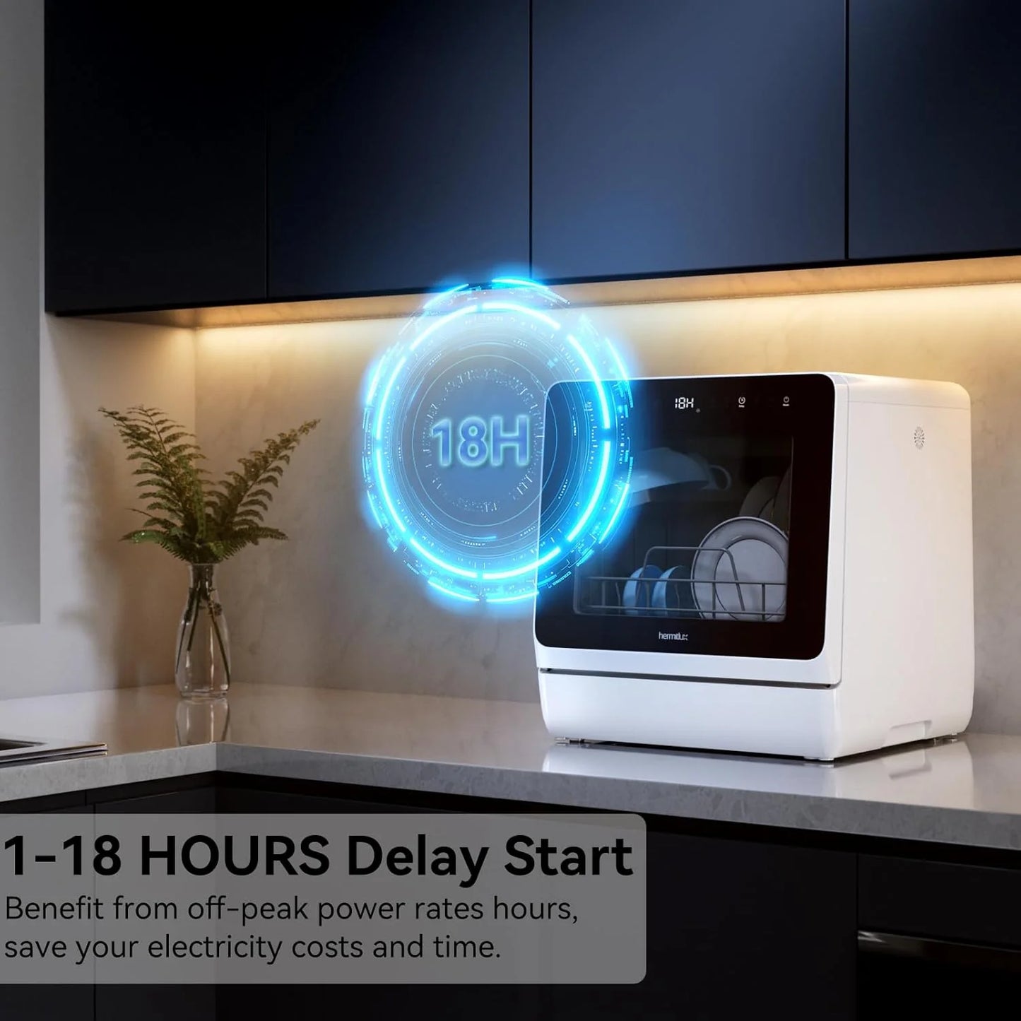 Hermitlux tabletop dishwasher, 7 wash programs, portable mini dishwasher