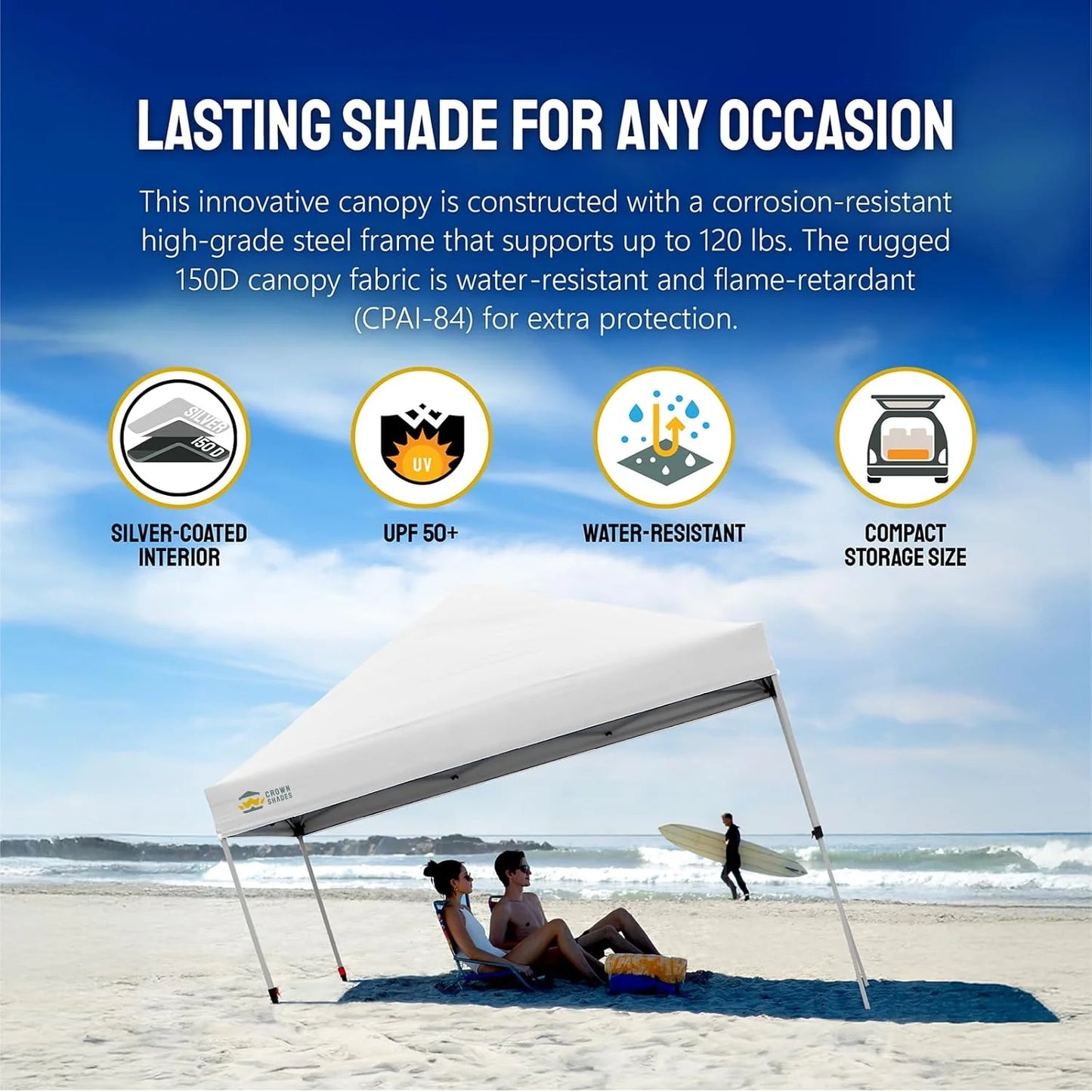 10x10 Pop-Up Awning - One-Click Installation Beach Tent - Outdoor Sunshade Silver Coated Top, 3 Heights and 4 Sand Pockets