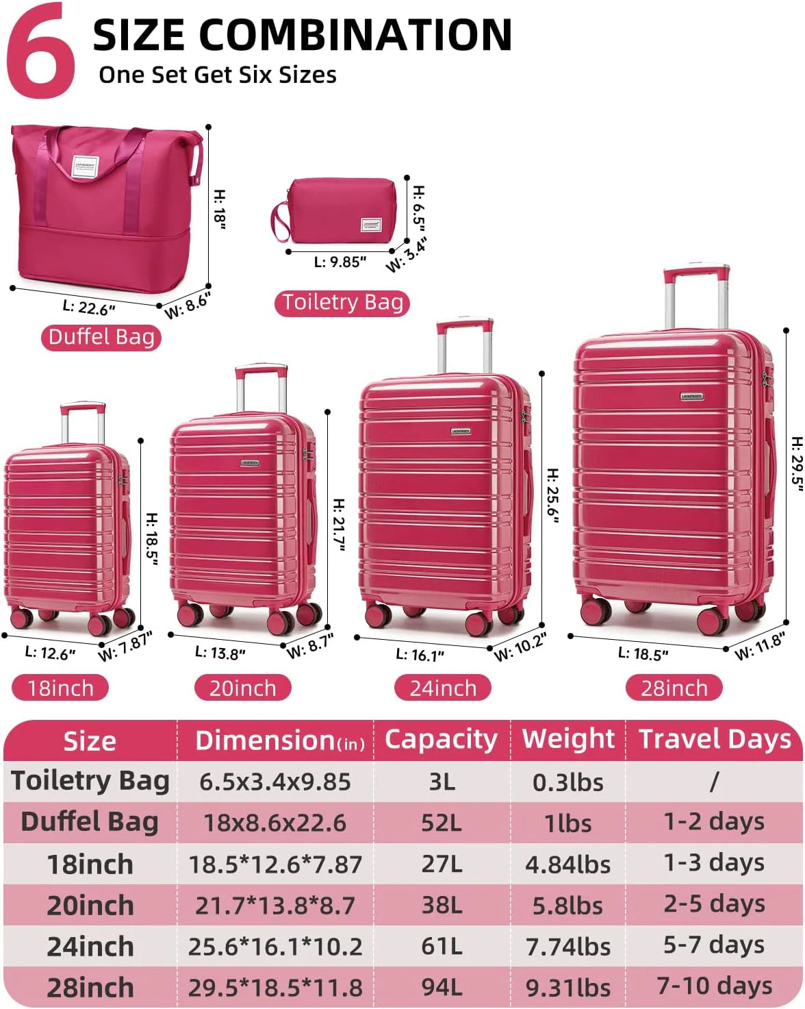 6-piece luggage set, expandable hardshell suitcase set with spinner wheels, lightweight rolling luggage set