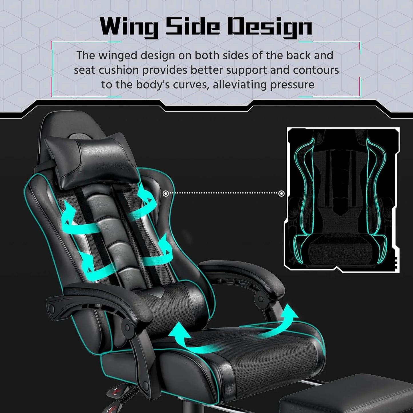 Gaming Chair with Massage Lumbar Support and Footrest Height Office Gaming Chair