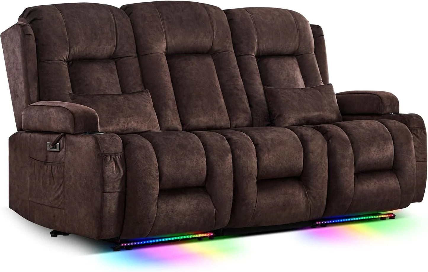 TUNYI Power Loveseat Recliner Sofa with Massage & Heat Home Theater Seating with Console Electric Recliner RV Sofa with USB/Outlet/Storage/Side Pocket/LED Light/Speaker (Brown, Loveseat)