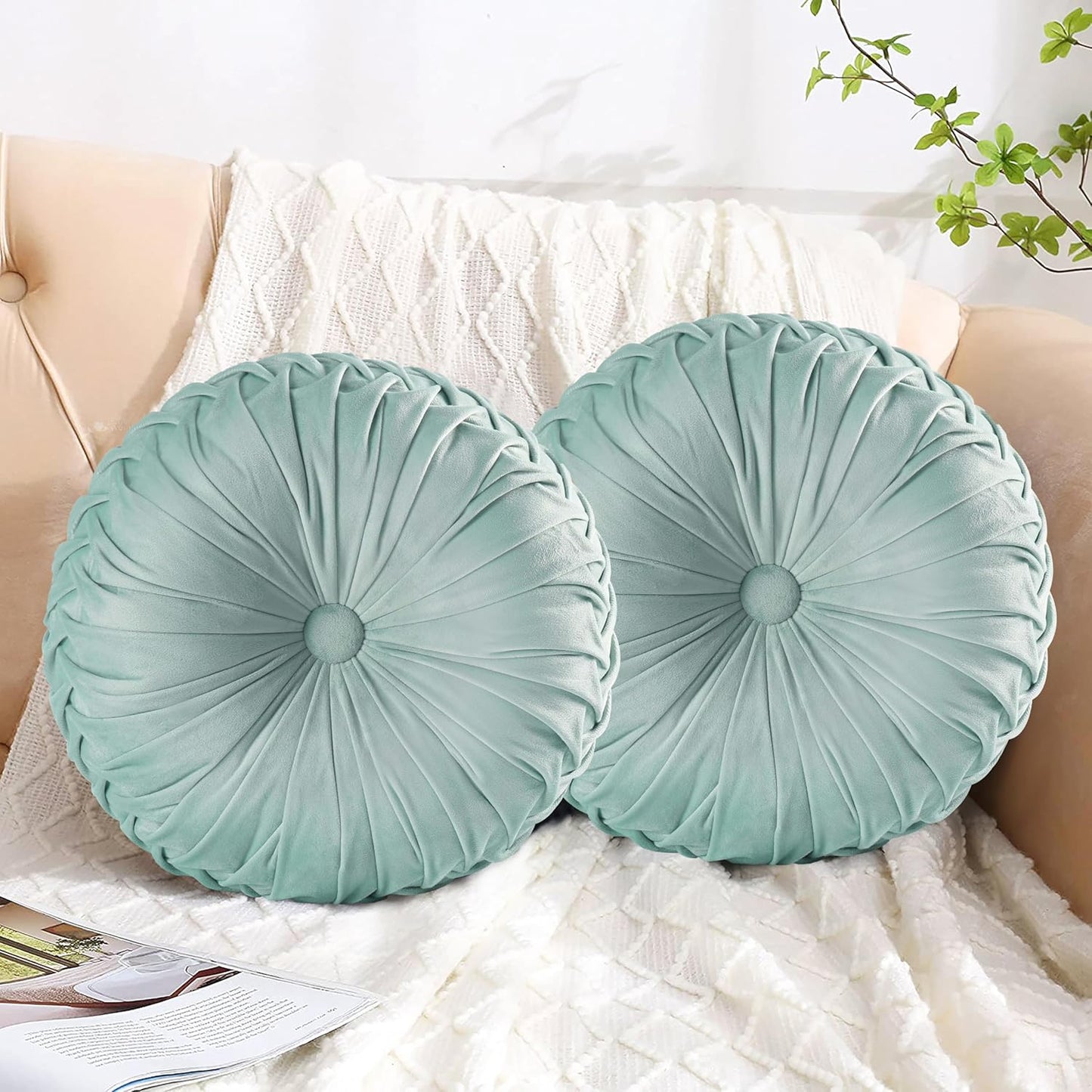 Set of 2 Decorative Round Pleated Throw Pillows