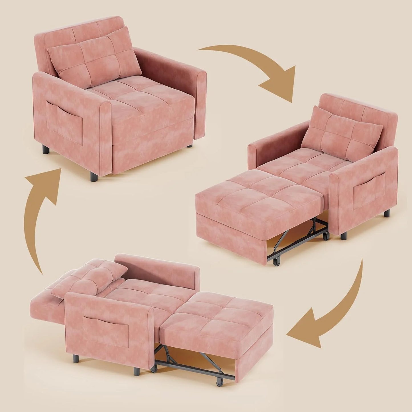 Sofa Bed Chair 3 in 1 Convertible, Pullout Single Sleeper Chair Bed with Adjustable Backrest, Spacious Multifunctional Sofa Couches