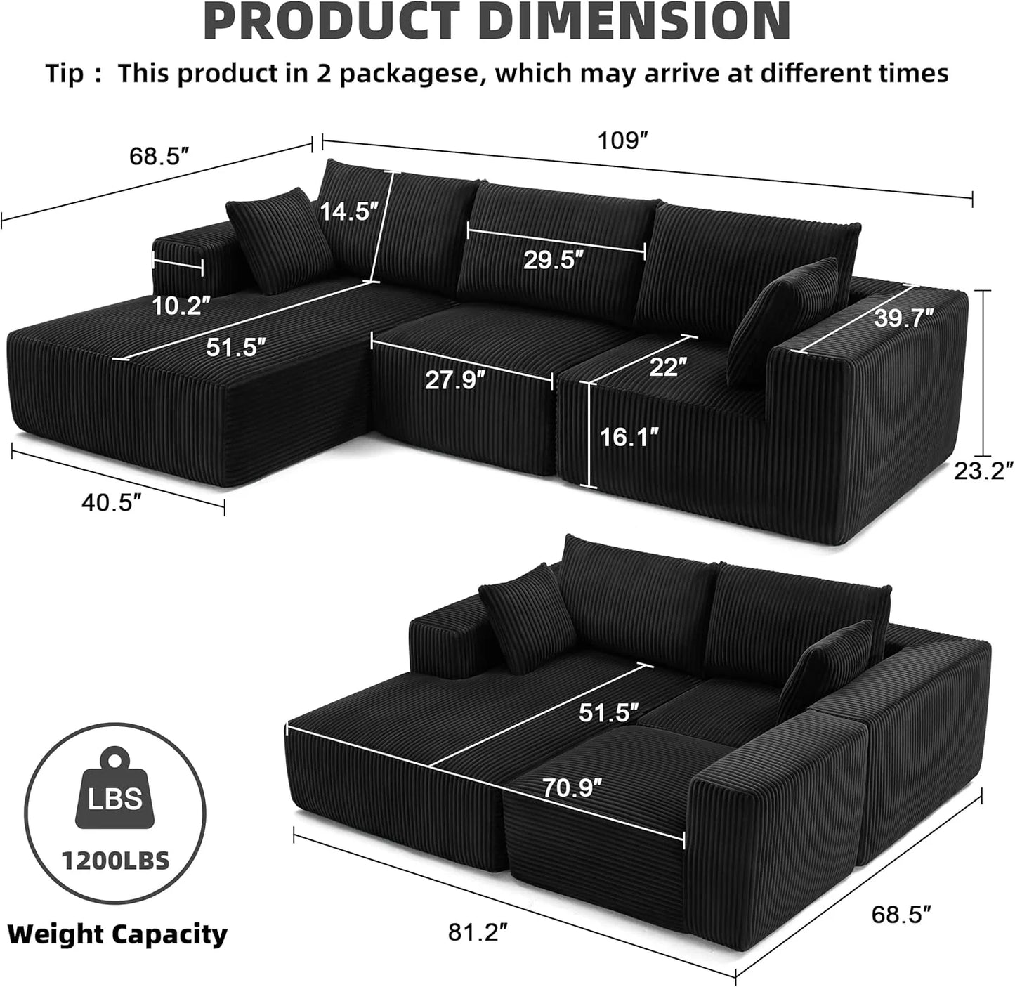 108-inch modular sofa, cloud modular sofa, with deep seat and reclining chair, upholstered sofa