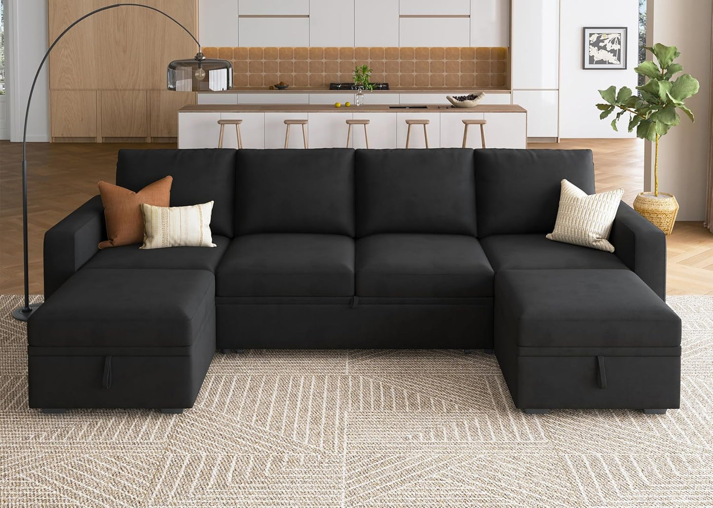 HONBAY Modular Sectional Sleeper Sofa with Pull Out Bed, L Shaped Couch with Storage Seat, Convertible Sectional Couches for Living Room