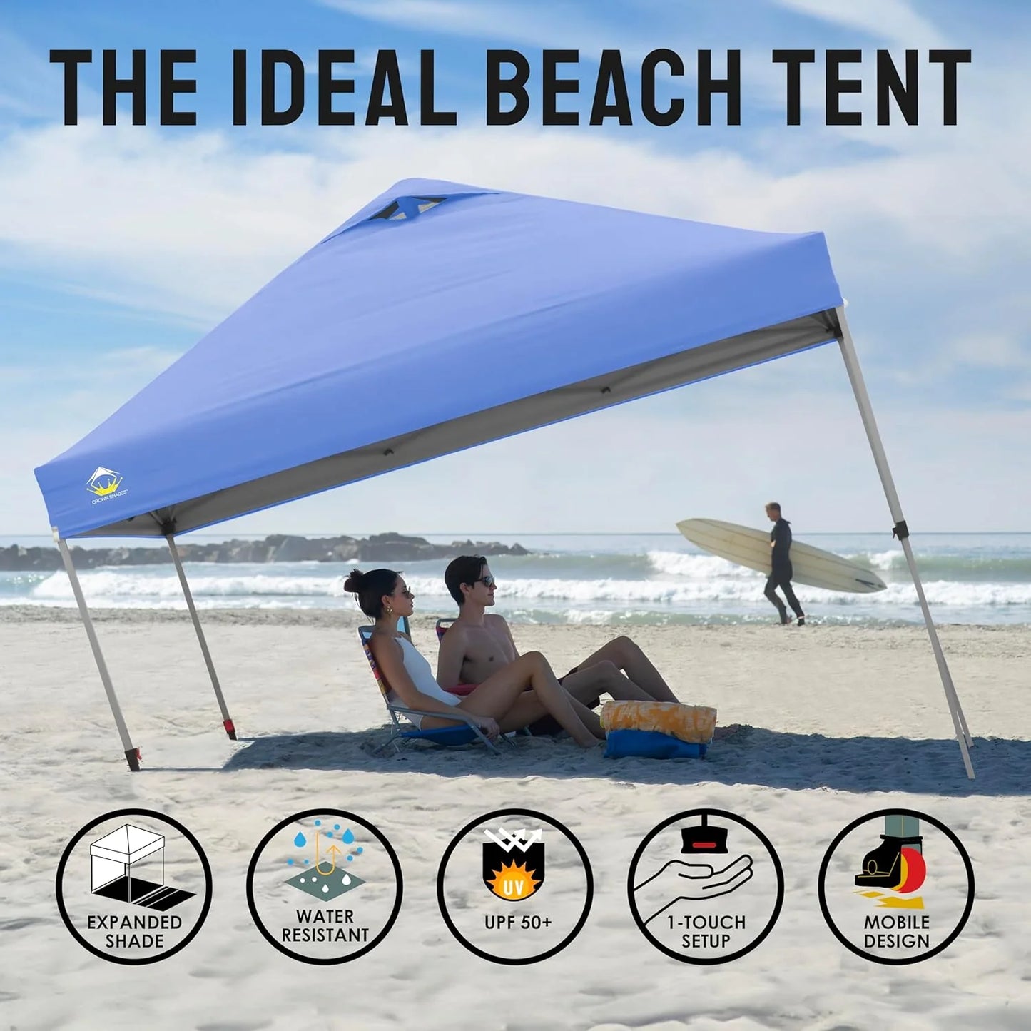 10x10 Pop-Up Awning - One-Click Installation Beach Tent - Outdoor Sunshade Silver Coated Top, 3 Heights and 4 Sand Pockets