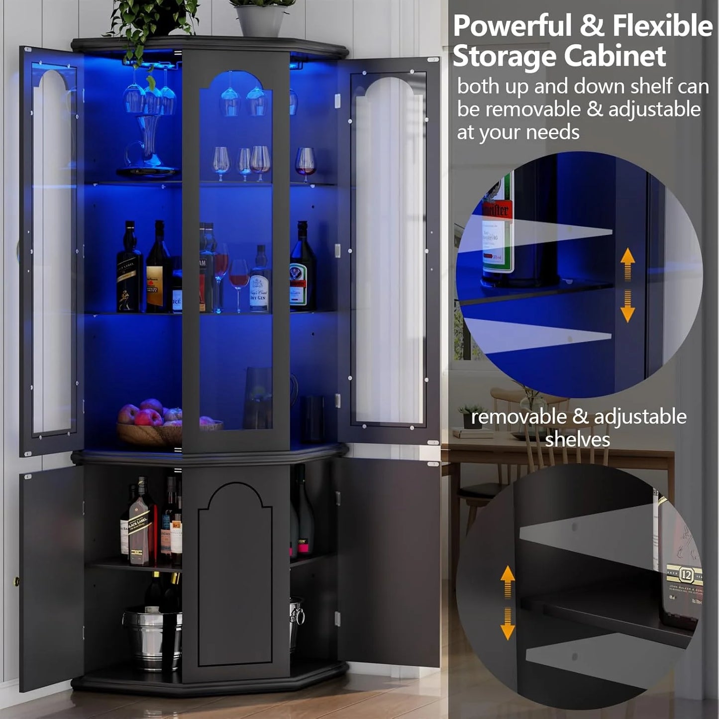 Corner wine cabinet with LED lights, tall modern wine cabinet, home bar wine storage cabinet