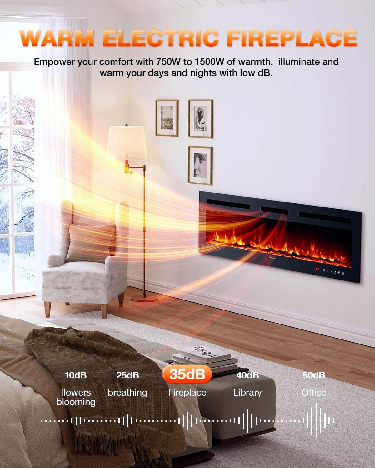 Electric Fireplace 60Inch,Wall Mounted Electric Fireplace Heater with Timer Inserts，TV Stand Touch Screen and Realistic Flame,Log Set,Crystal Flames 750 to 1500W，Remote for Living Room