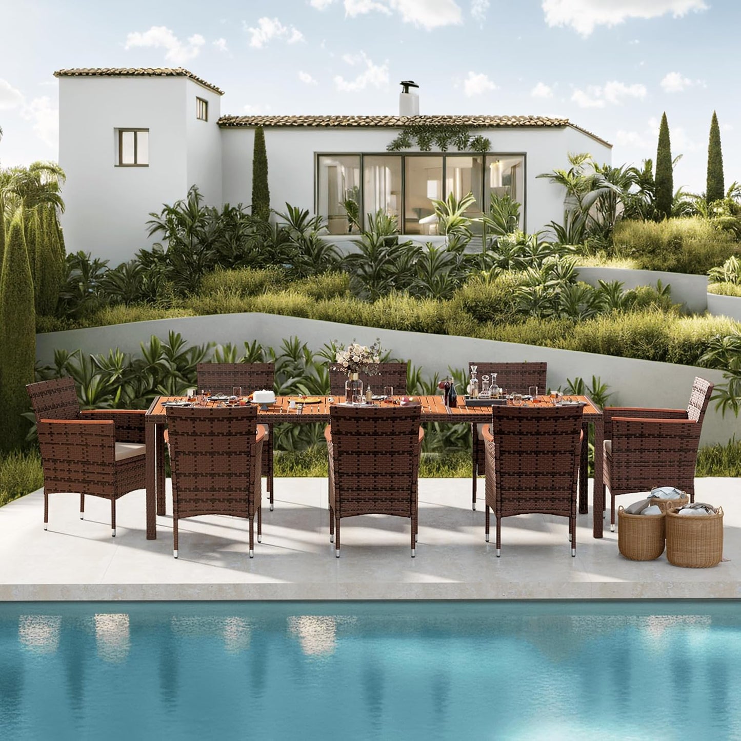 Devoko Dining 7 PCS Furniture, Patio Conversation Set with Acacia Wood Table Top, Rattan Outdoor, Black