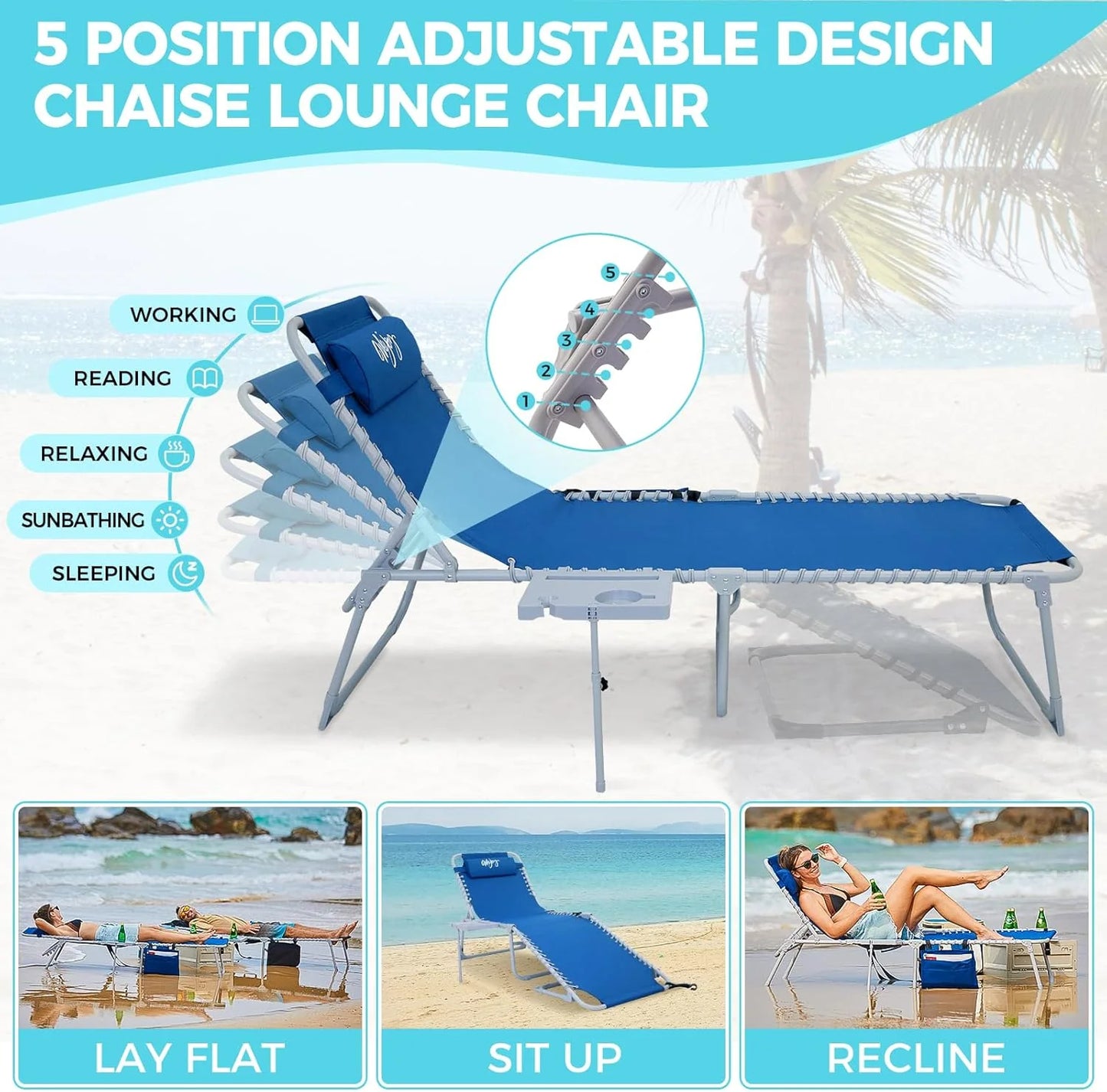2 Pack Outdoor Chaise Lounge Chair - Portable Folding Patio Pool Lounge Chair, 5 Positions Adjustable Reclining Camping Chair with Side Table,Shoulder Strap, Pillow for Beach Sunbathing Lawn