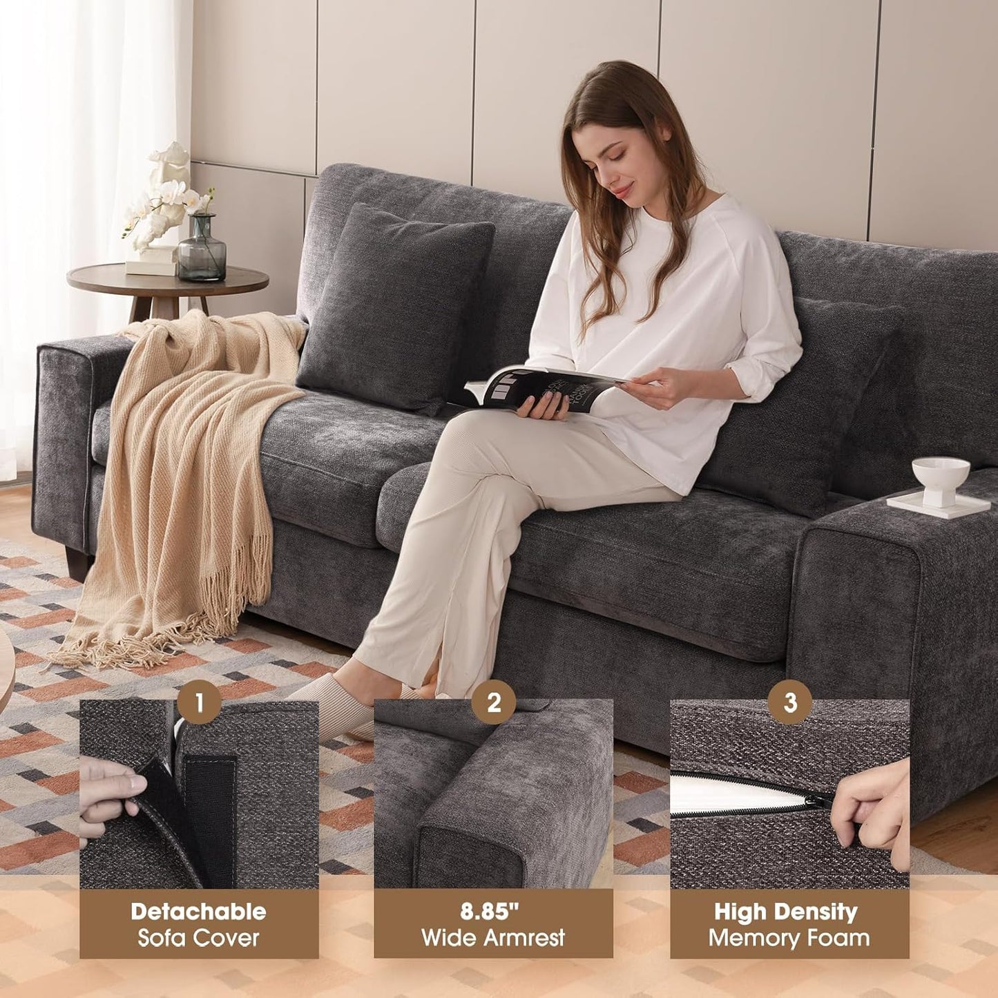 DOPEDIO living room double sofa, chenille lounge chair, removable, solid wood frame