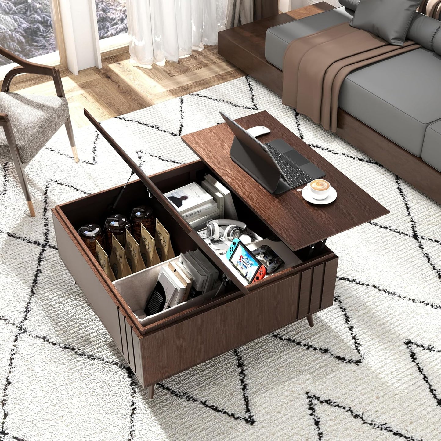 Round Coffee Table with Storage,Fluted Center Table with Sliding Cabinet Door for Living Room,Home Small Space,31.5" Small Center Table,Walnut