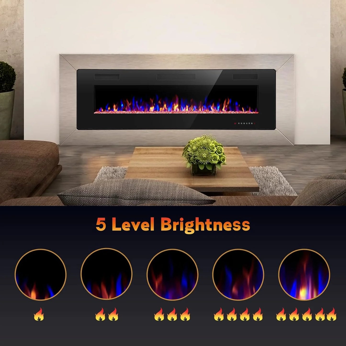 R.W.FLAME 60" Recessed and Wall Mounted Electric Fireplace, Low Noise, Fit for 2 x 6 Stud, Remote Control with Timer, Touch Screen, Adjustable Flame Color and Speed, 750-1500W
