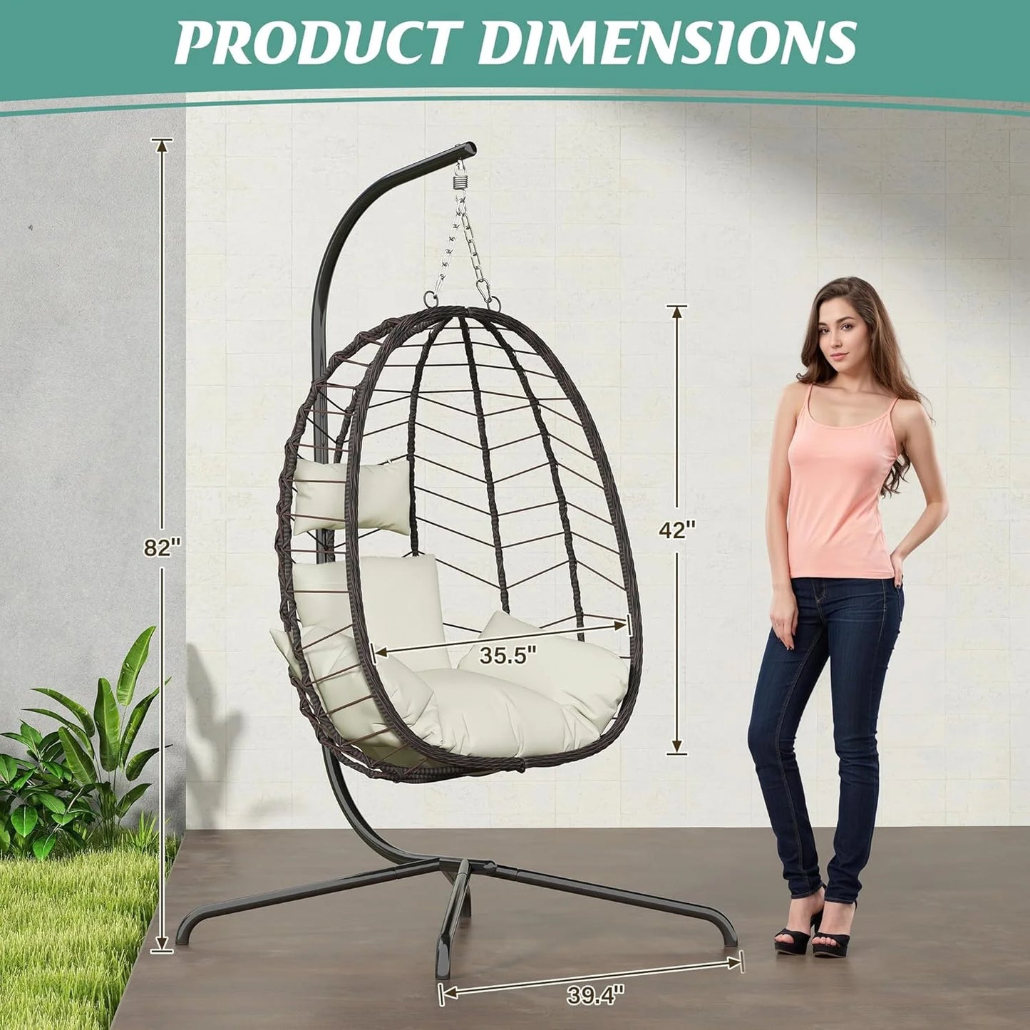 Hanging Egg Chair with Stand, Swinging Egg Chair Outdoor Indoor, Hanging Basket Chair with Cushion, Patio Wicker Hammock Chair 350lbs Capacity for Bedroom, Balcony, Backyard, Garden (Grey)