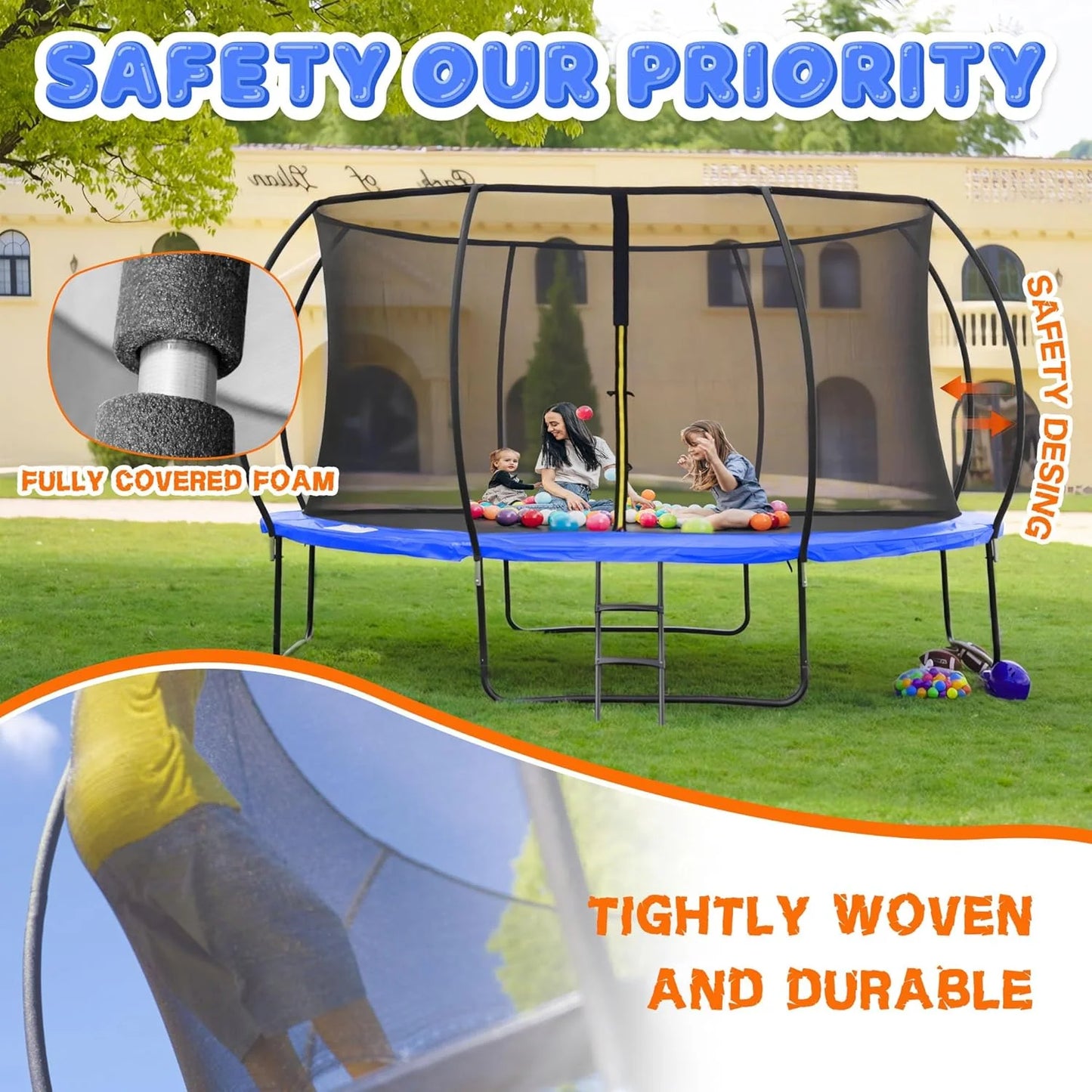 Trampoline 8FT 10FT 12FT 14FT 16FT, Recreational Trampolines with Enclosure Net and Ladder, Outdoor Anti-Rust Trampolines for Kids and Adults, ASTM Approved
