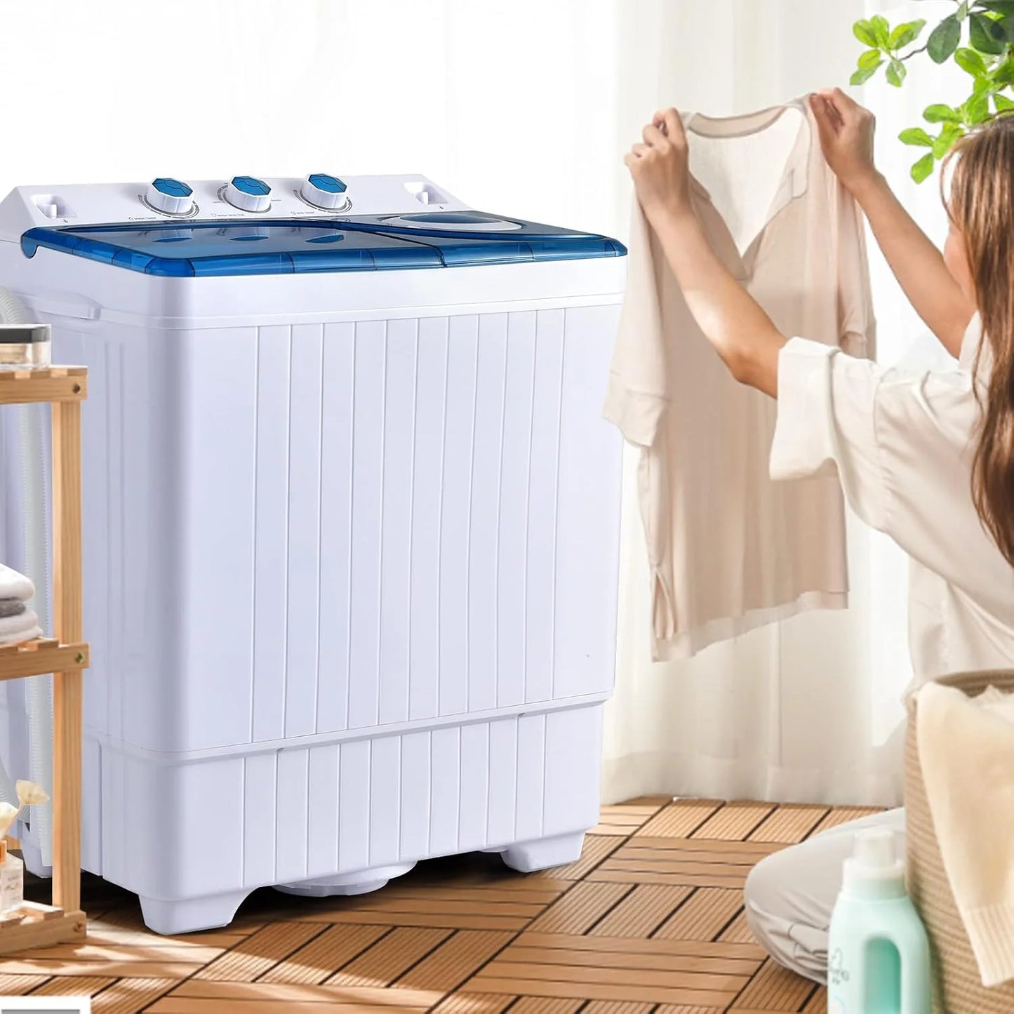 COSTWAY Double Tub 26 lb Capacity Laundry 18 lb 8 lb Spin Combo with Timer Knob Built-in Drain Pump Small Portable Washing Machine