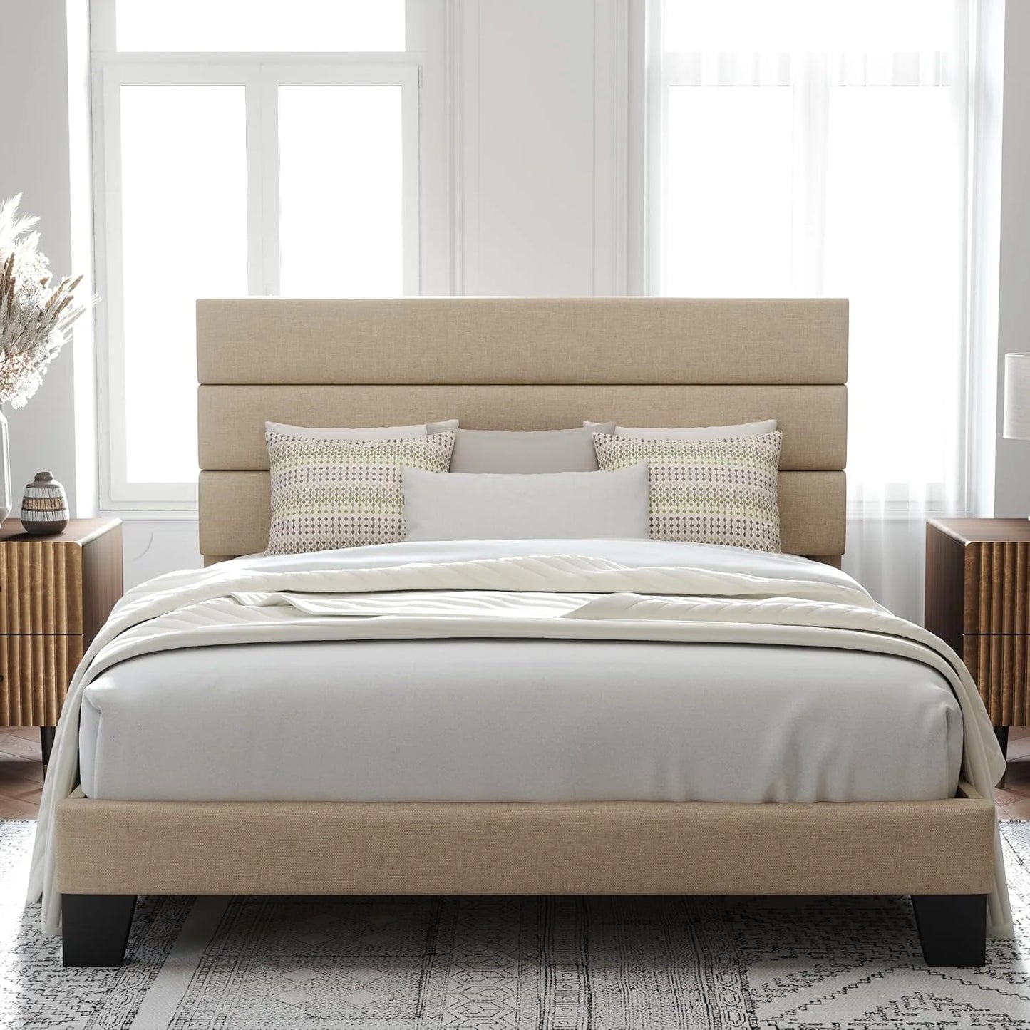 Allewie Queen Size Platform Bed Frame with Fabric Upholstered Headboard and Wooden Slats Support, Fully Upholstered Mattress Foundation/No Box Spring Needed